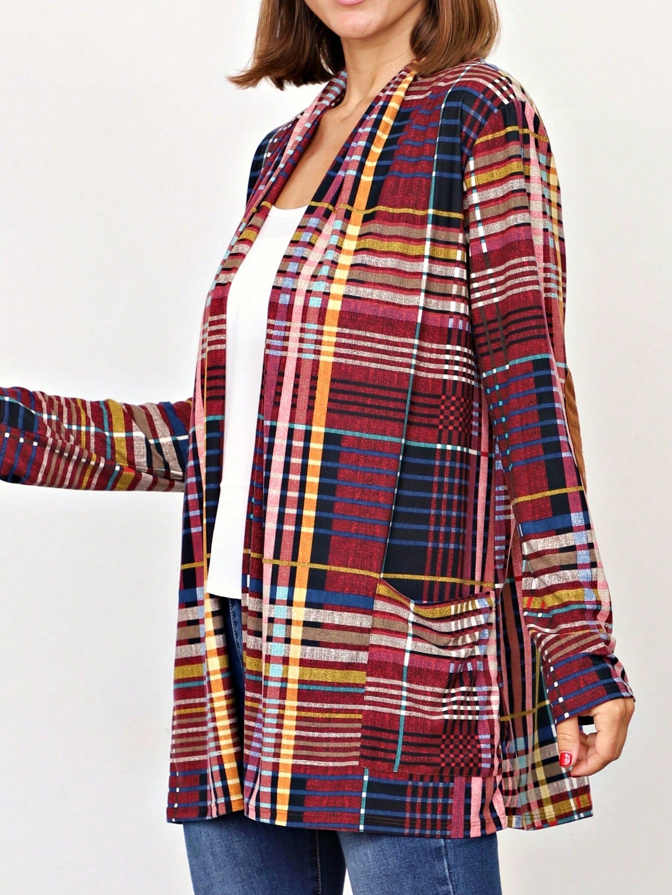 Boho Vintage Plaid Yellow Red Long Sleeve Cardigan With Pockets