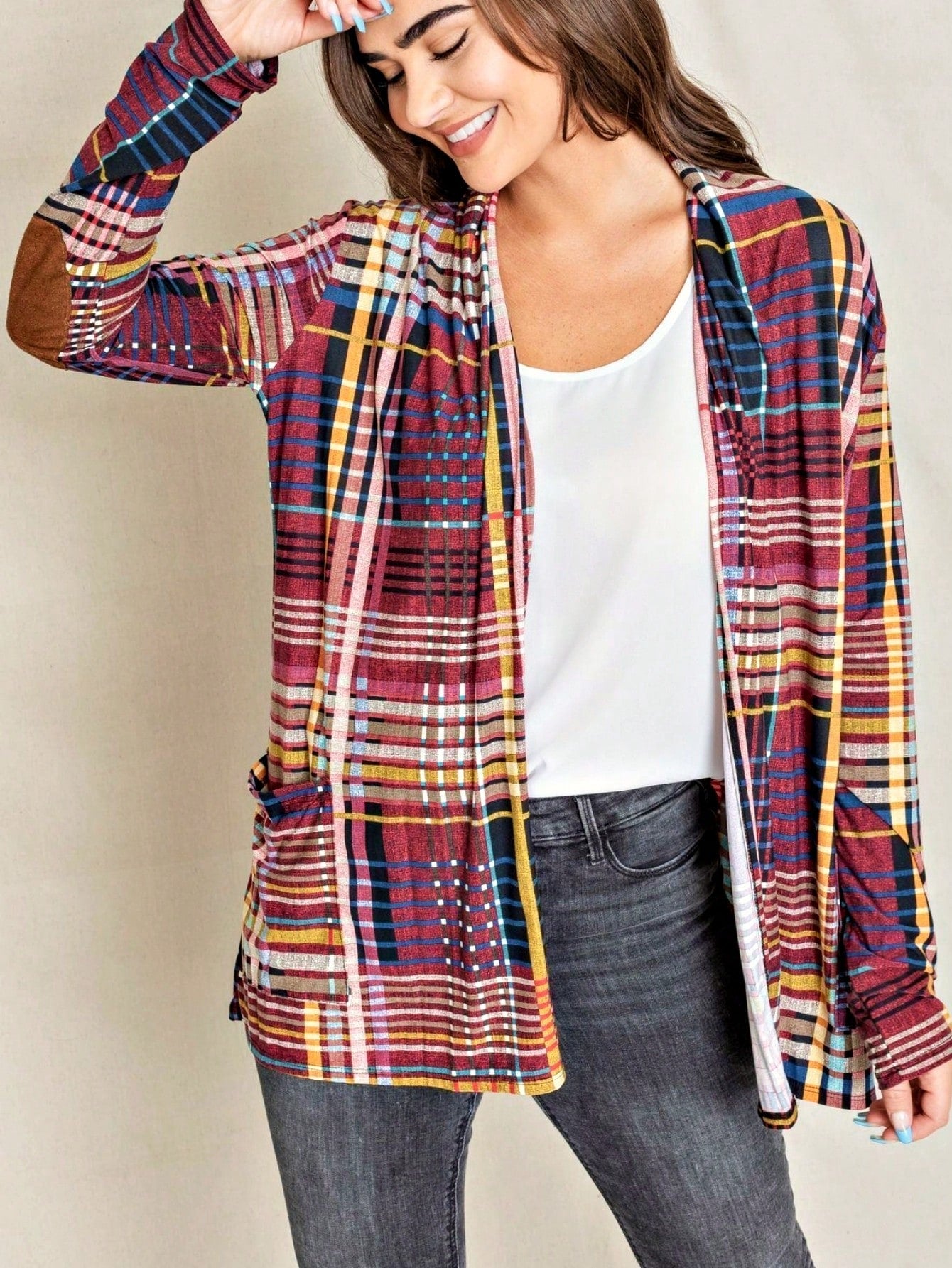 Boho Vintage Plaid Yellow Red Long Sleeve Cardigan With Pockets