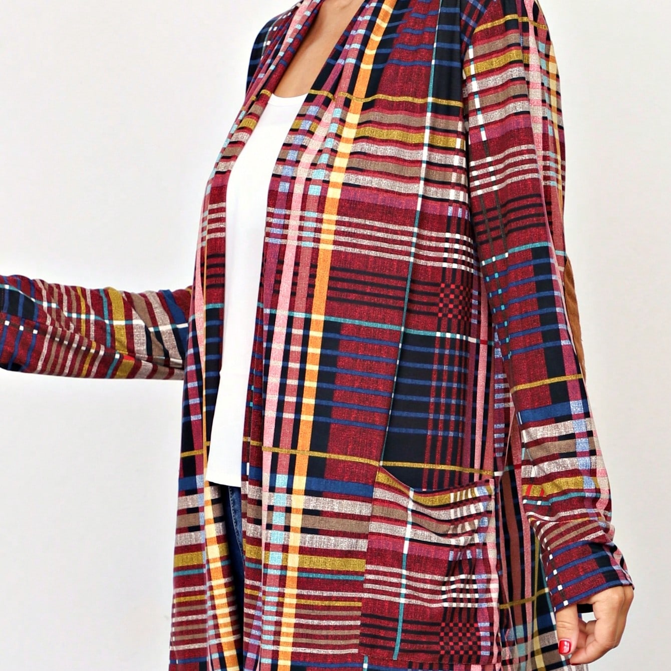 Boho Vintage Plaid Yellow Red Long Sleeve Cardigan With Pockets