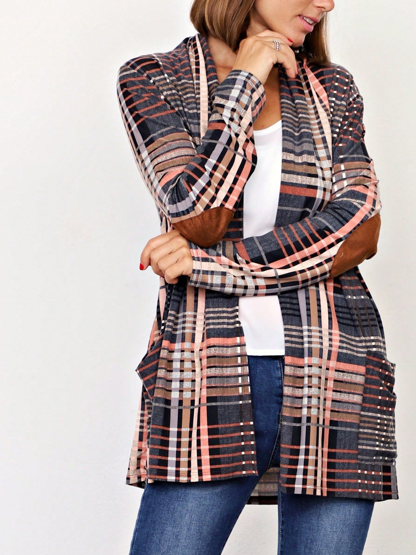 Boho Vintage Plaid Yellow Red Long Sleeve Cardigan With Pockets