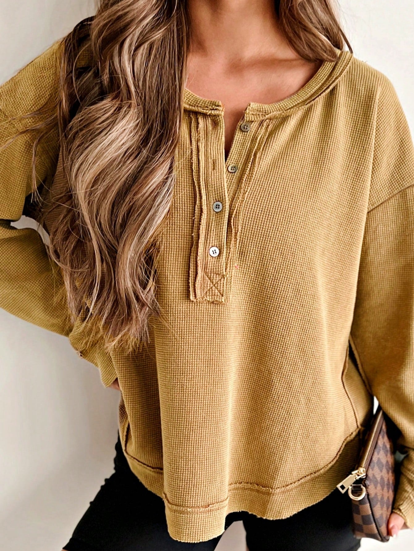 Boho Retro Vintage 90's Cotton Vanilla Beige Button Waffle Patchwork Long Pocket Sleeve Henley Knit Top Sweat Shirt Pullover