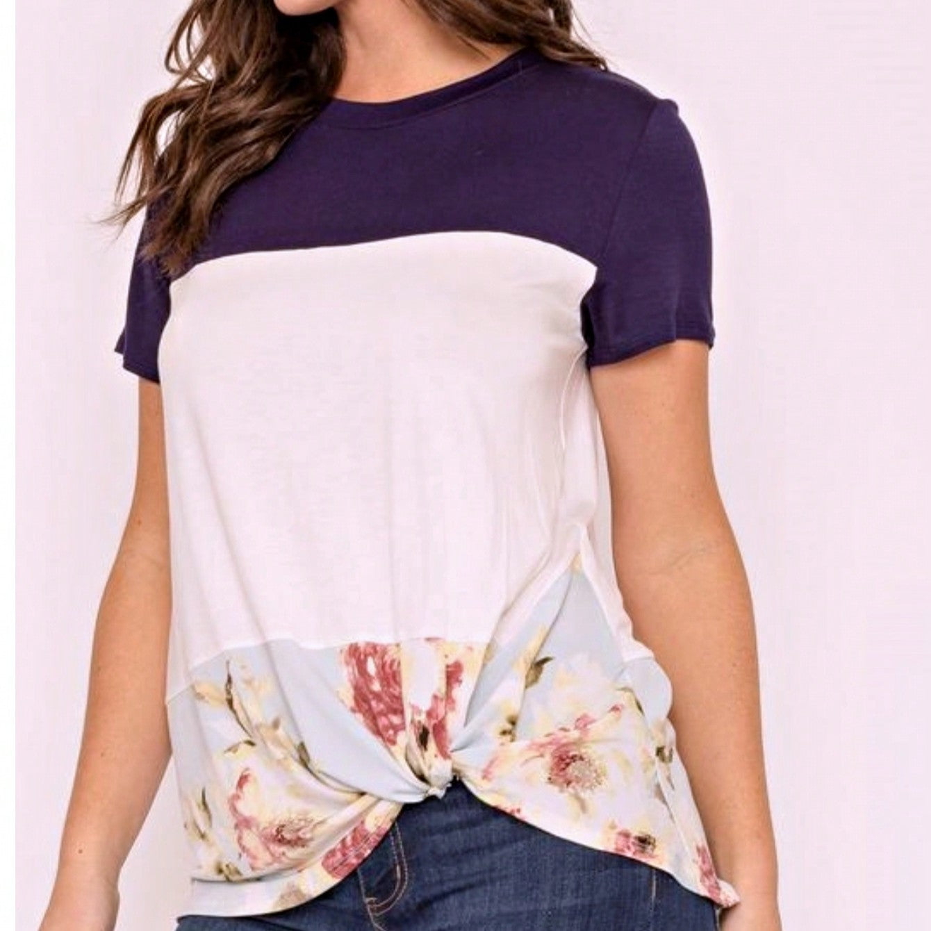 Boho Retro Knot Twisted Front Floral Stripe Knit  Top Blouse Shirt Pullover With Front Pocket