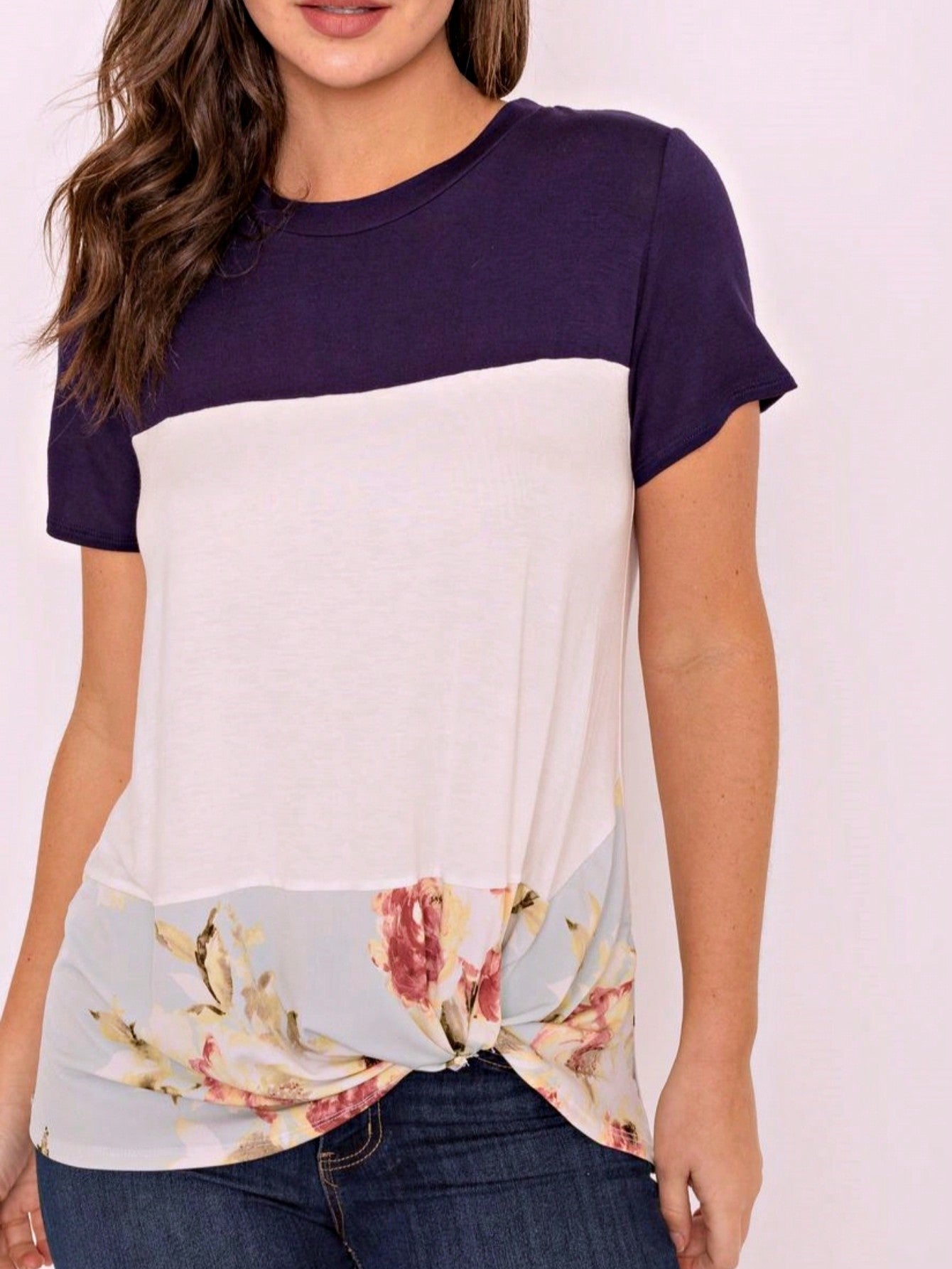 Boho Retro Knot Twisted Front Floral Stripe Knit  Top Blouse Shirt Pullover With Front Pocket