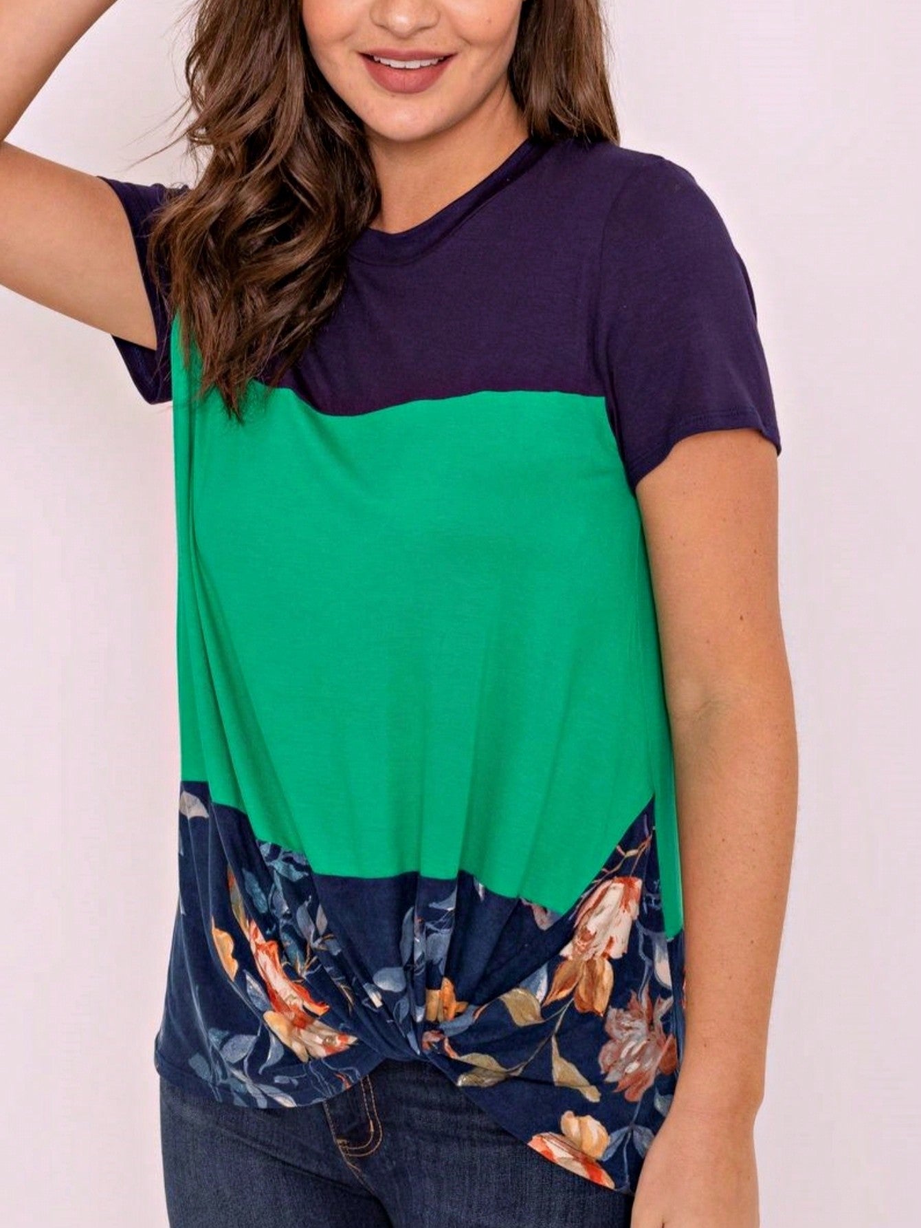 Boho Retro Knot Twisted Front Floral Stripe Knit  Top Blouse Shirt Pullover With Front Pocket