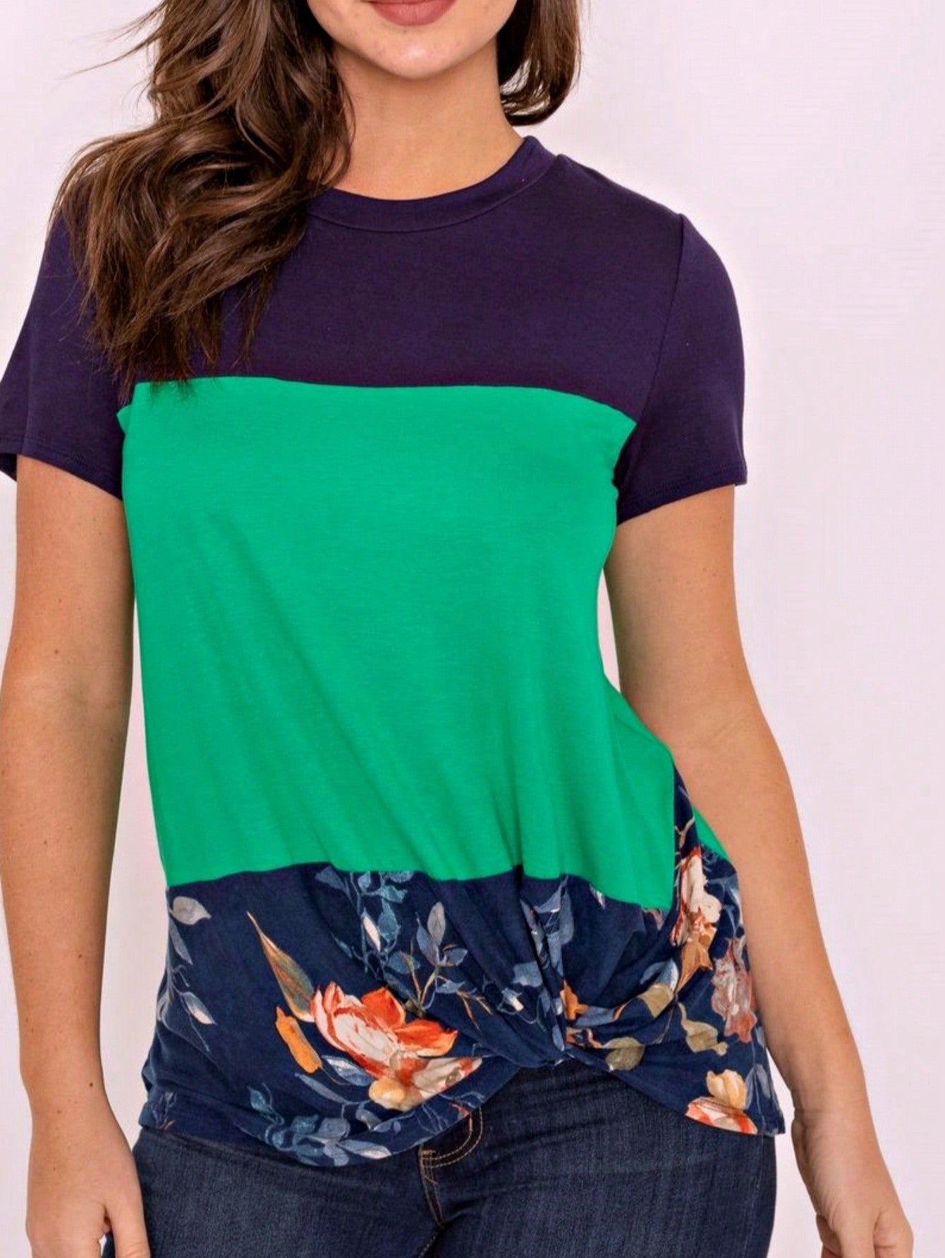 Boho Retro Knot Twisted Front Floral Stripe Knit  Top Blouse Shirt Pullover With Front Pocket