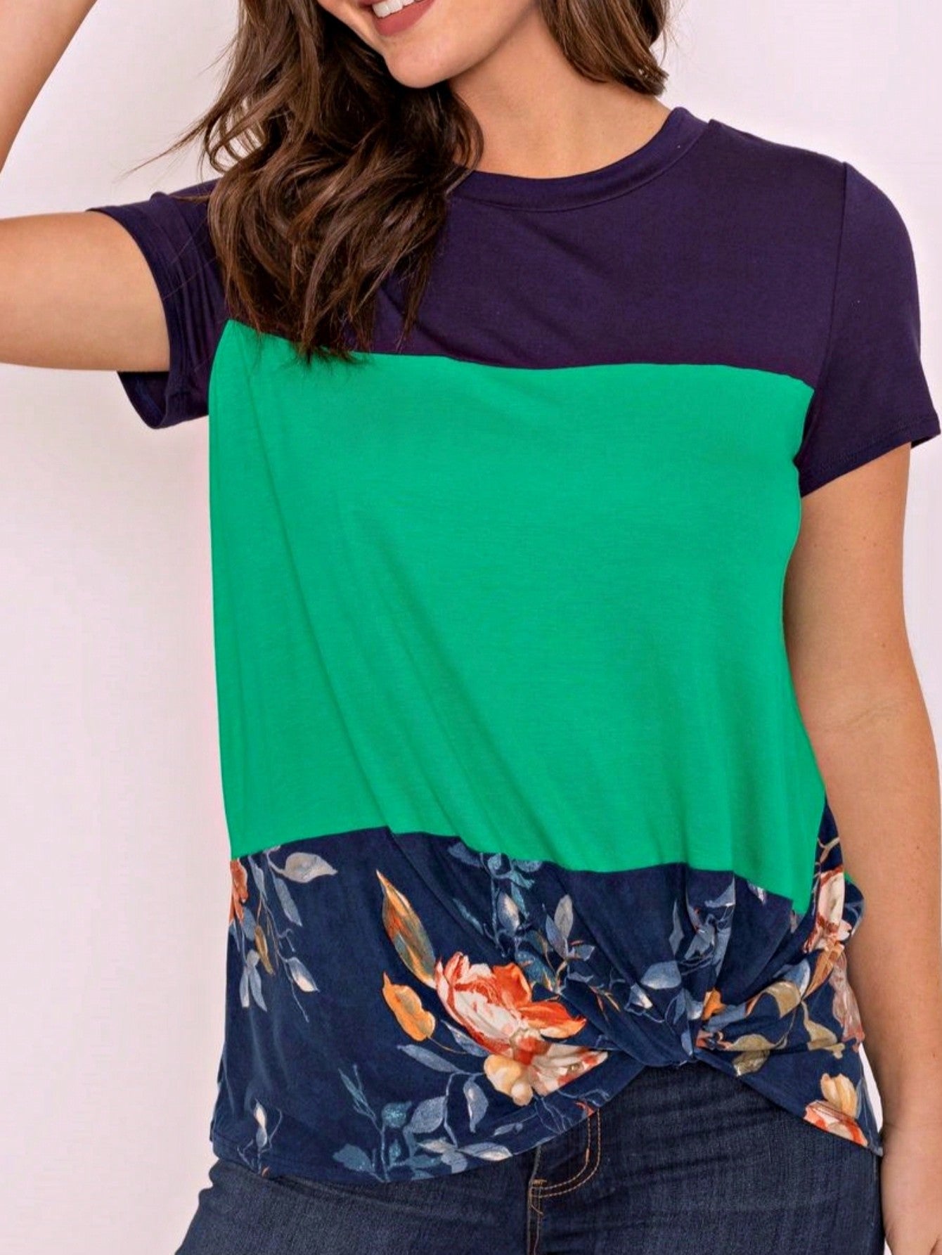 Boho Retro Knot Twisted Front Floral Stripe Knit  Top Blouse Shirt Pullover With Front Pocket