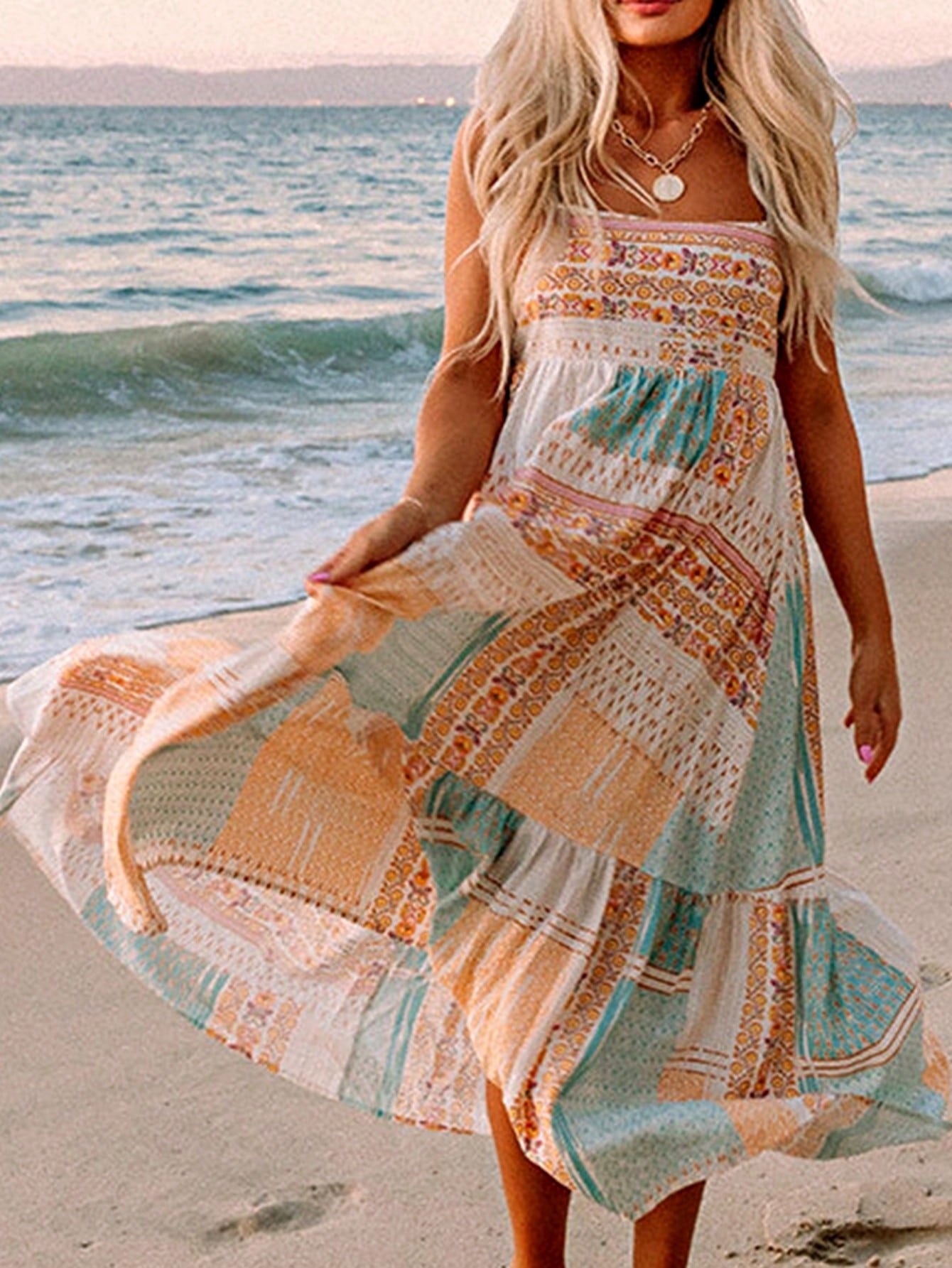 Boho Vacation Blue  Elegant Classic Tiered Maxi Long Shirt  Dress With Belt  Versatile Summer Dress For Women