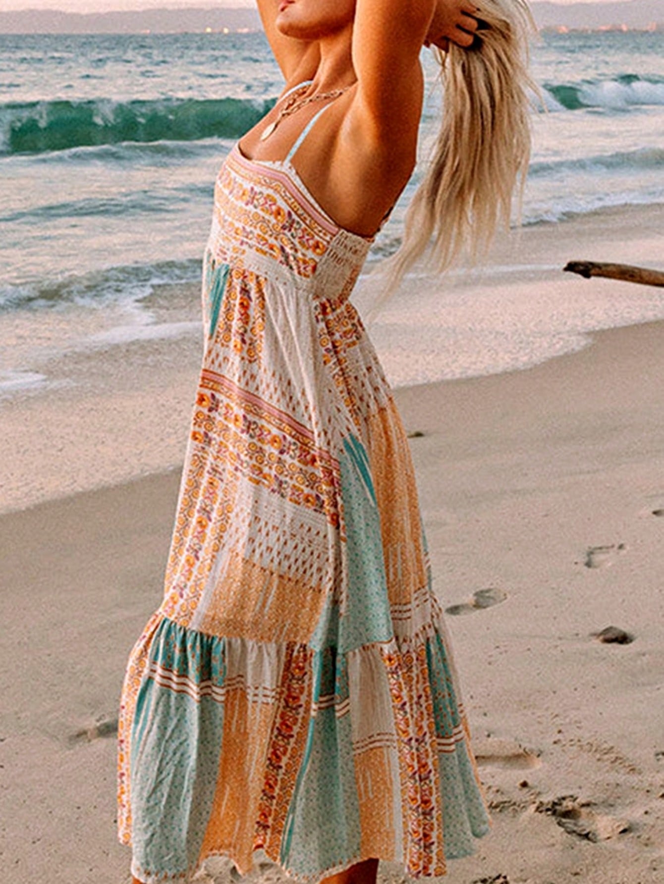 Boho Vacation Blue  Elegant Classic Tiered Maxi Long Shirt  Dress With Belt  Versatile Summer Dress For Women