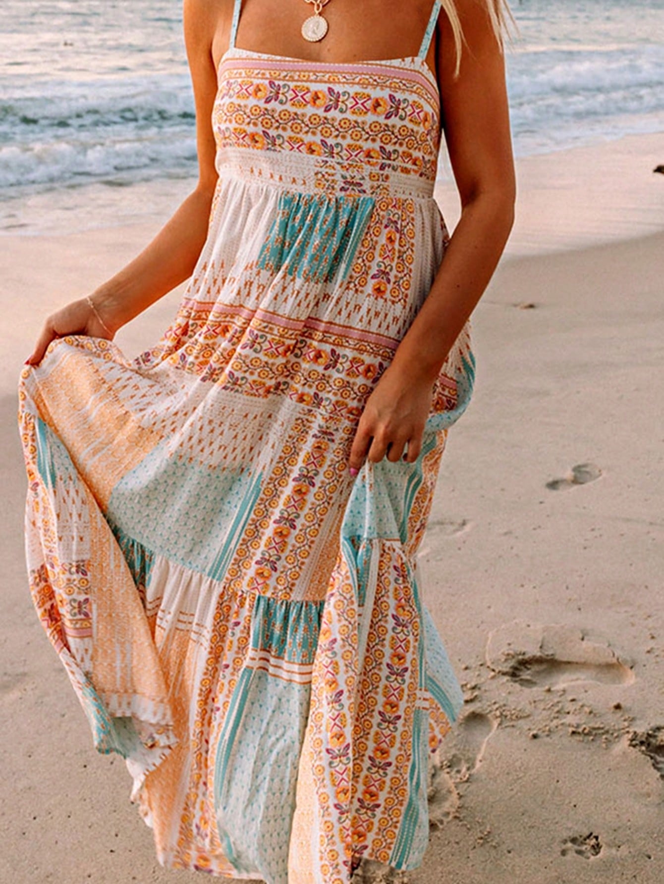 Boho Vacation Blue  Elegant Classic Tiered Maxi Long Shirt  Dress With Belt  Versatile Summer Dress For Women