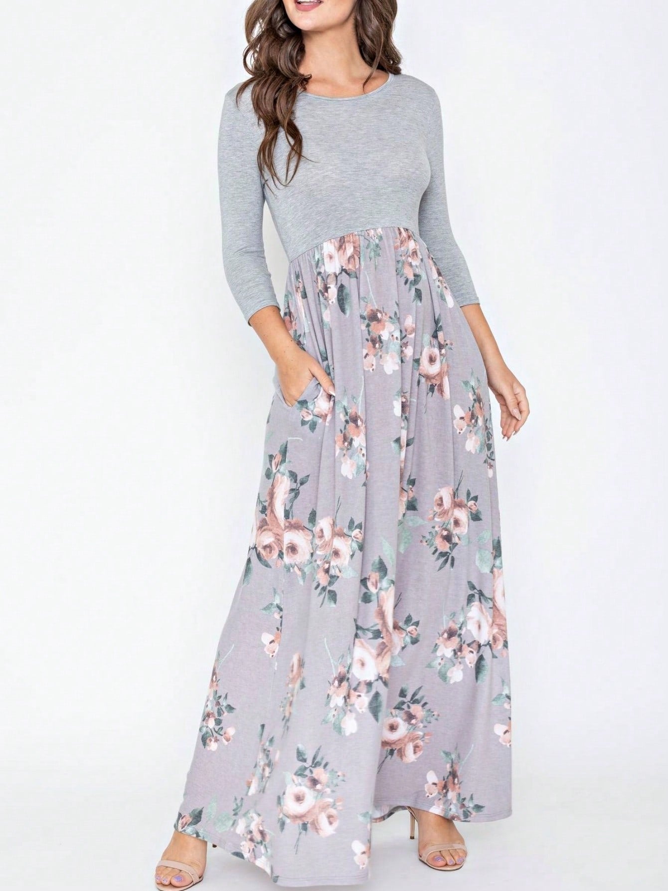 Boho Retro Multi Ditsy Floral Stripe Blue Charcoal Black Coral Short Sleeve Maxi Long Dress With Pocket | S-3X