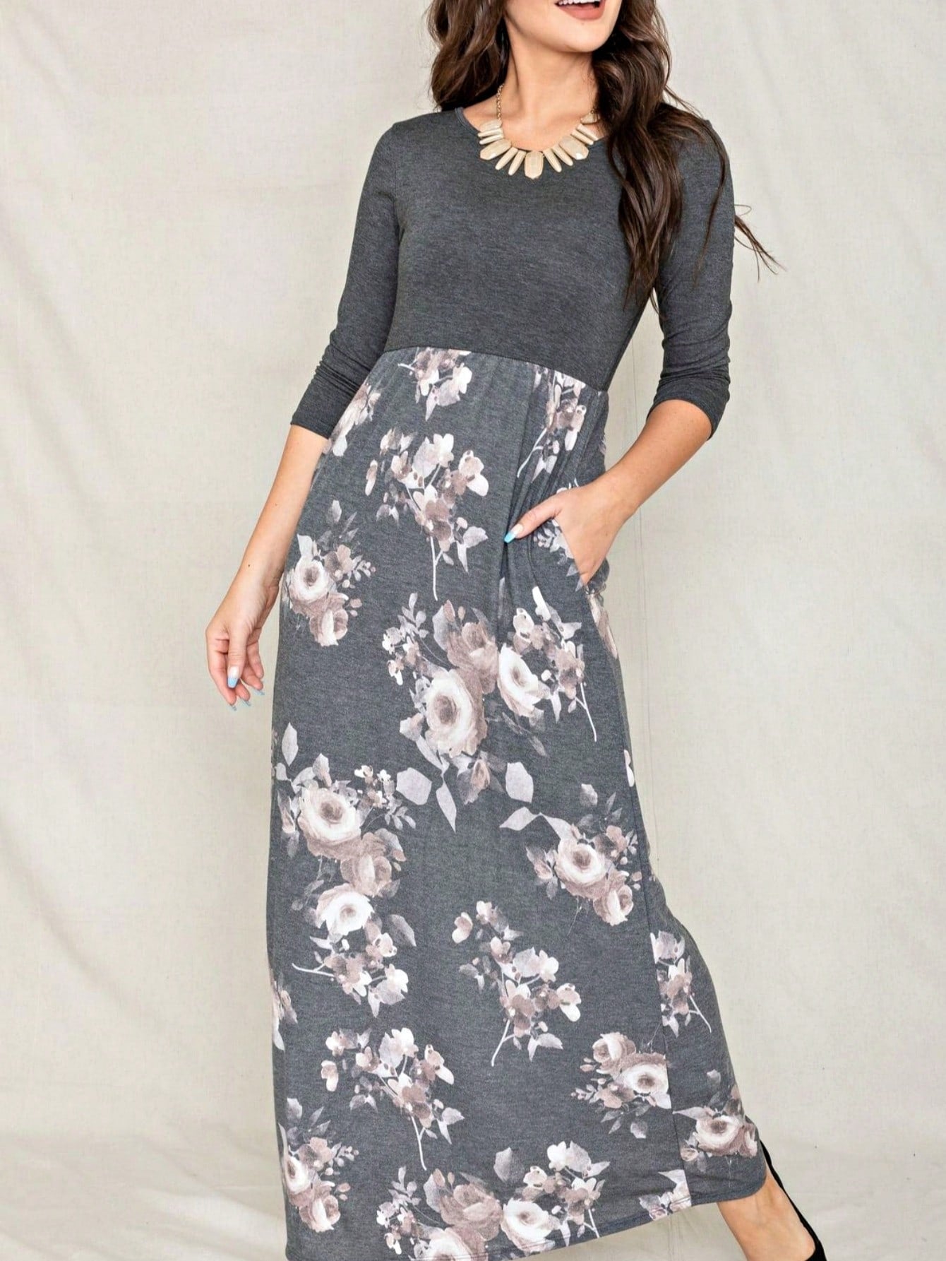 Boho Retro Multi Ditsy Floral Stripe Blue Charcoal Black Coral Short Sleeve Maxi Long Dress With Pocket | S-3X