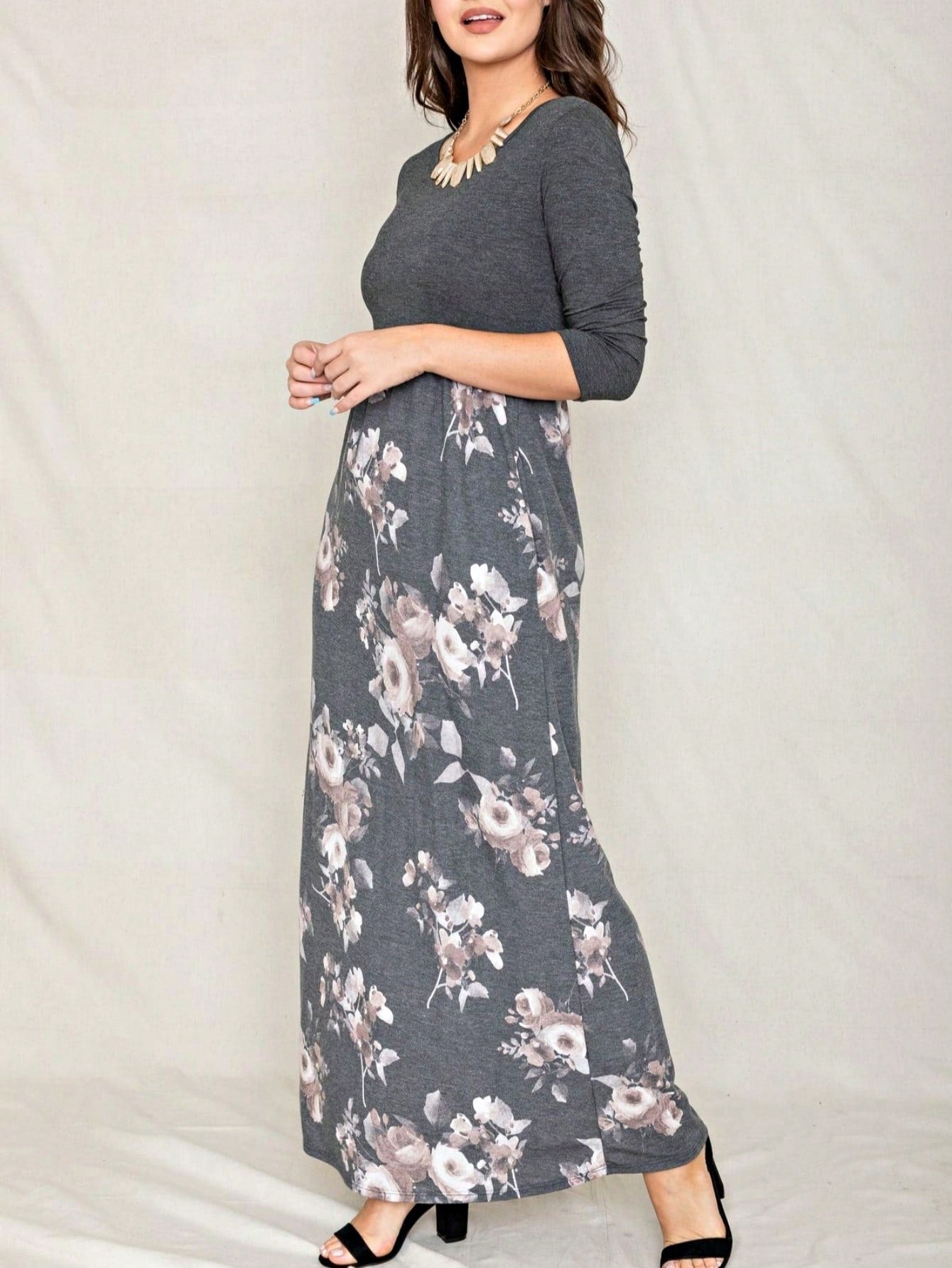 Boho Retro Multi Ditsy Floral Stripe Blue Charcoal Black Coral Short Sleeve Maxi Long Dress With Pocket | S-3X