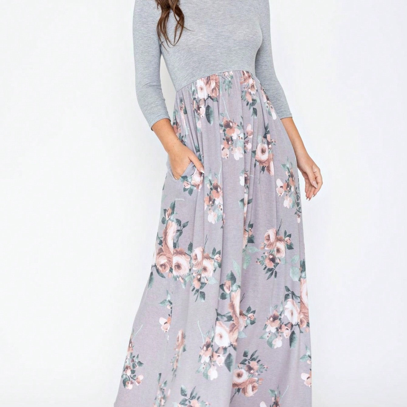 Boho Retro Multi Ditsy Floral Stripe Blue Charcoal Black Coral Short Sleeve Maxi Long Dress With Pocket | S-3X