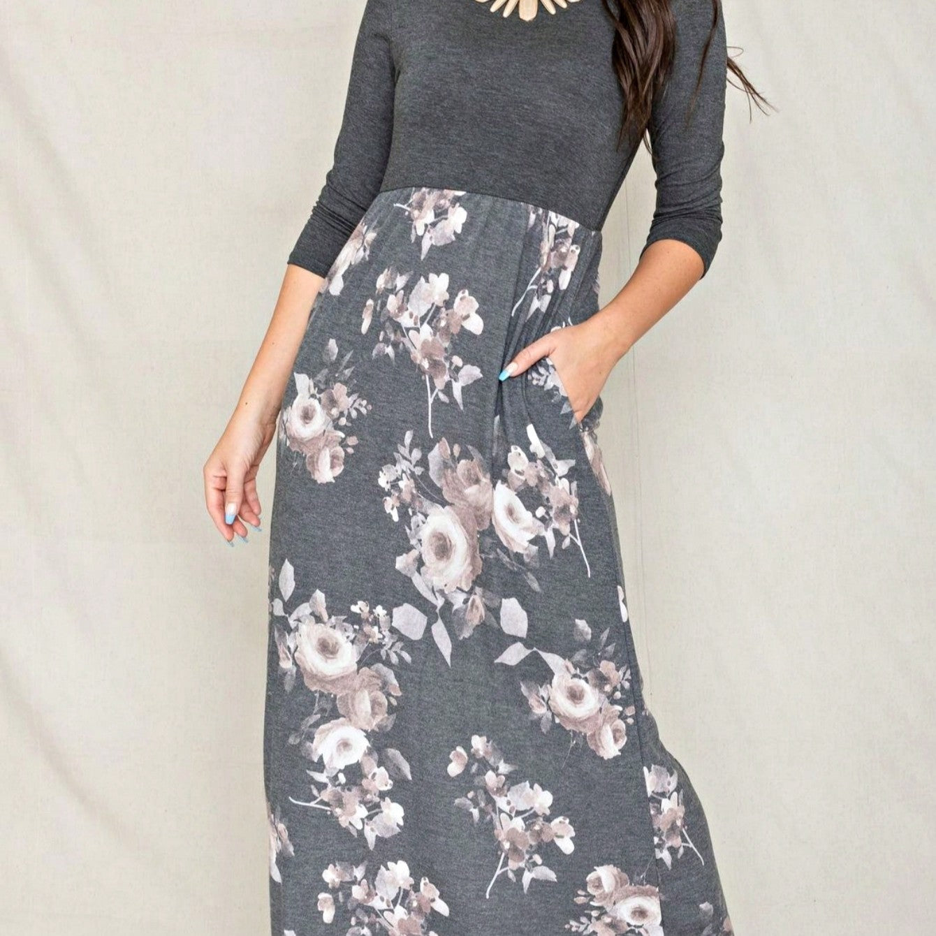 Boho Retro Multi Ditsy Floral Stripe Blue Charcoal Black Coral Short Sleeve Maxi Long Dress With Pocket | S-3X