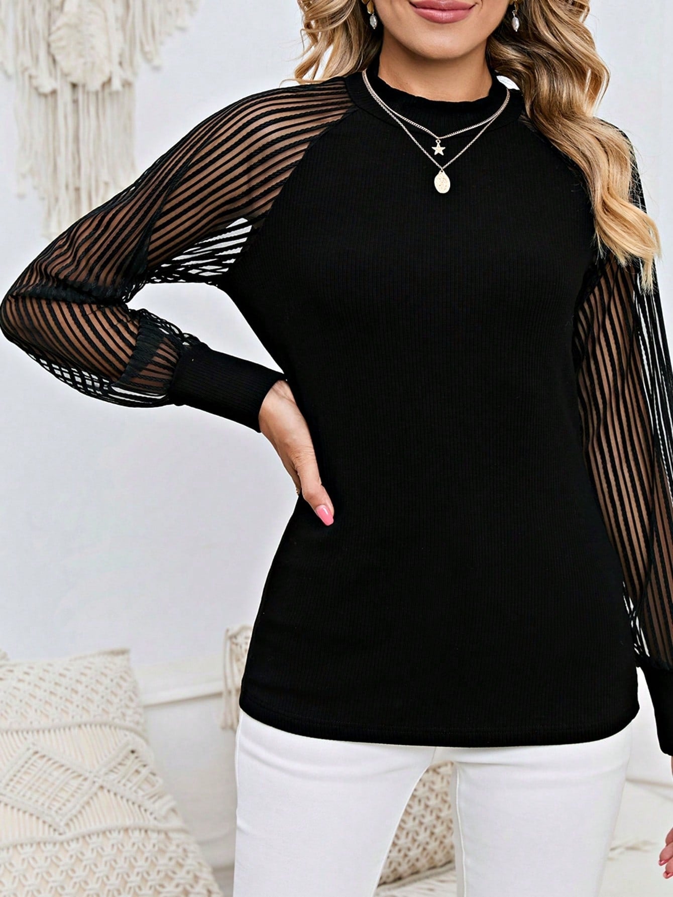 Boho Retro 90's Textured Mesh Color Block Floral Sleeve Drop Raglan Round Mock Neck  Layering Shoulder Mesh Lace Half And Long Sleeve Ivory Cream Navy Red Crew Neck Top Shirt Blouse
