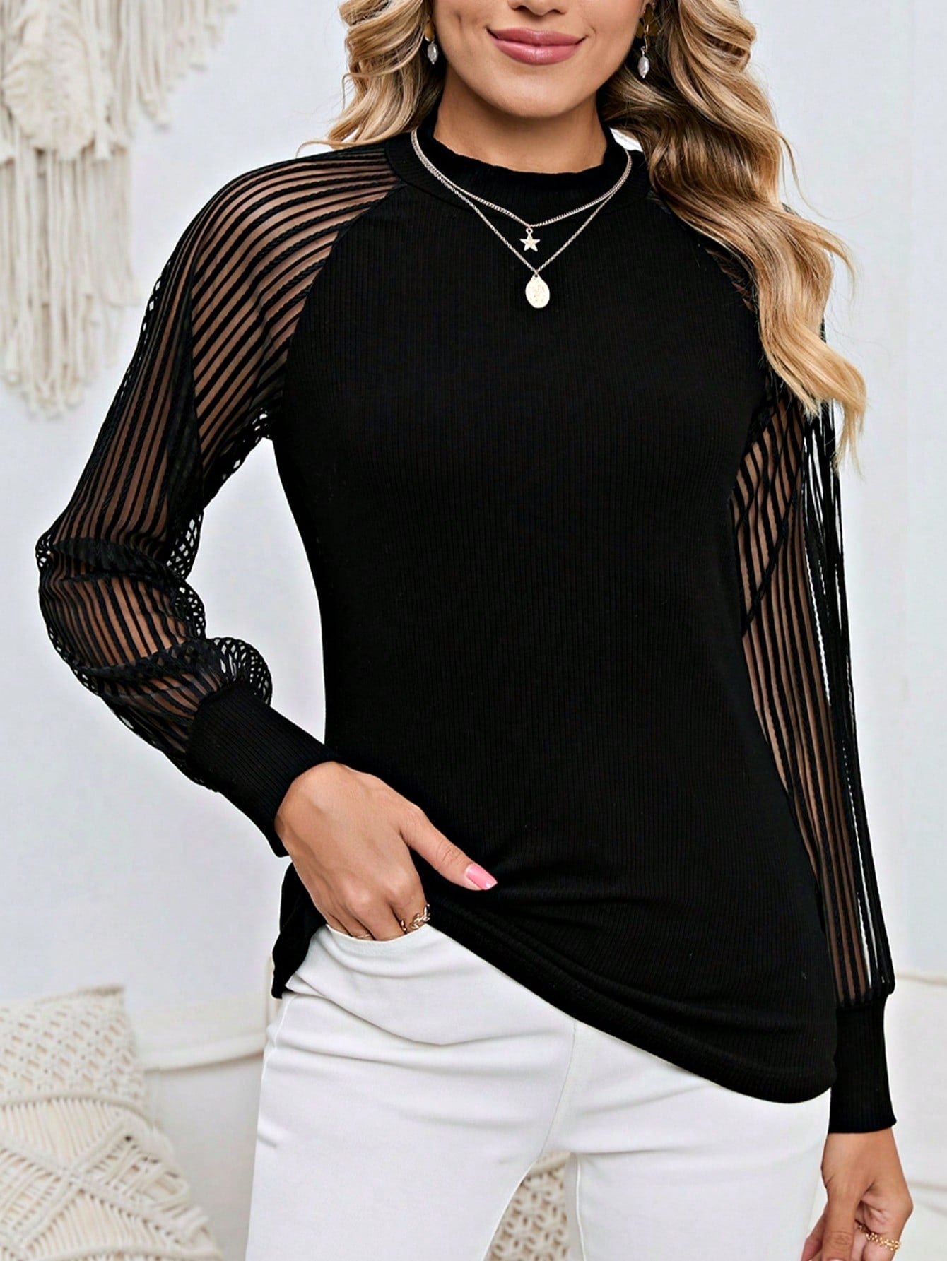 Boho Retro 90's Textured Mesh Color Block Floral Sleeve Drop Raglan Round Mock Neck  Layering Shoulder Mesh Lace Half And Long Sleeve Ivory Cream Navy Red Crew Neck Top Shirt Blouse
