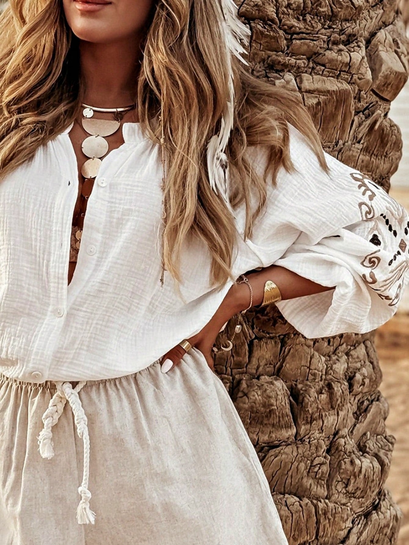 Boho Retro Cotton 90's Crochet V Neck Lace Loose Knit  Button Top Shirt Blouse