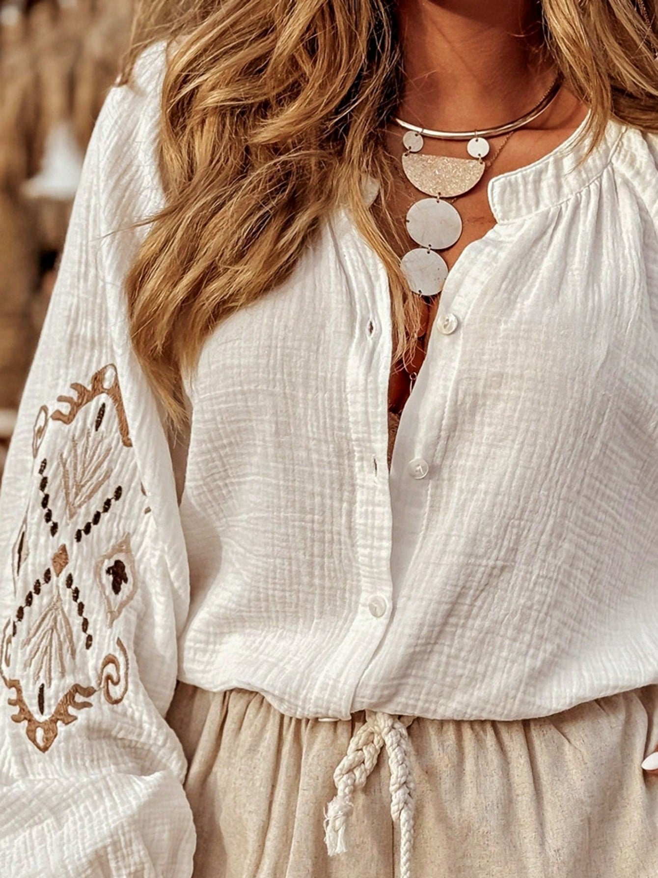 Boho Retro Cotton 90's Crochet V Neck Lace Loose Knit  Button Top Shirt Blouse