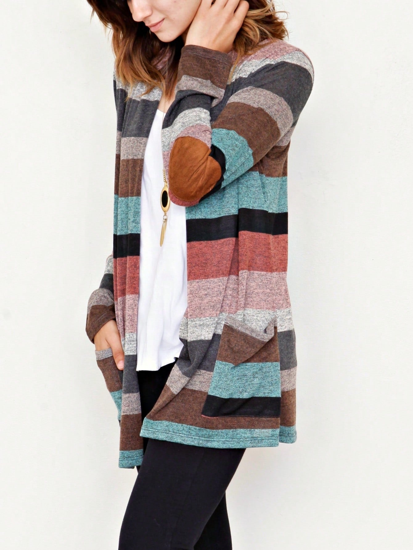 Boho Vintage 90's Plaid Stripe Tie Dye  Elbow Patch 60's Classic Slouch Cardigan With Pocket
