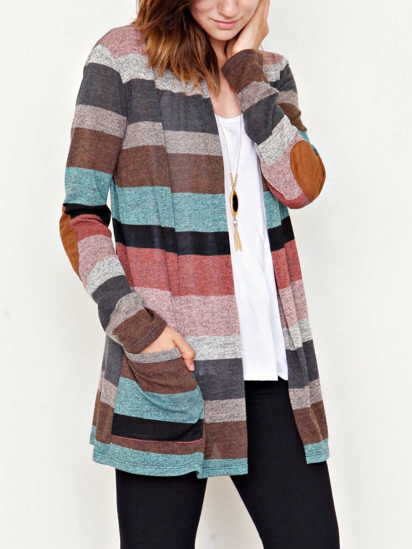 Boho Vintage 90's Plaid Stripe Tie Dye  Elbow Patch 60's Classic Slouch Cardigan With Pocket