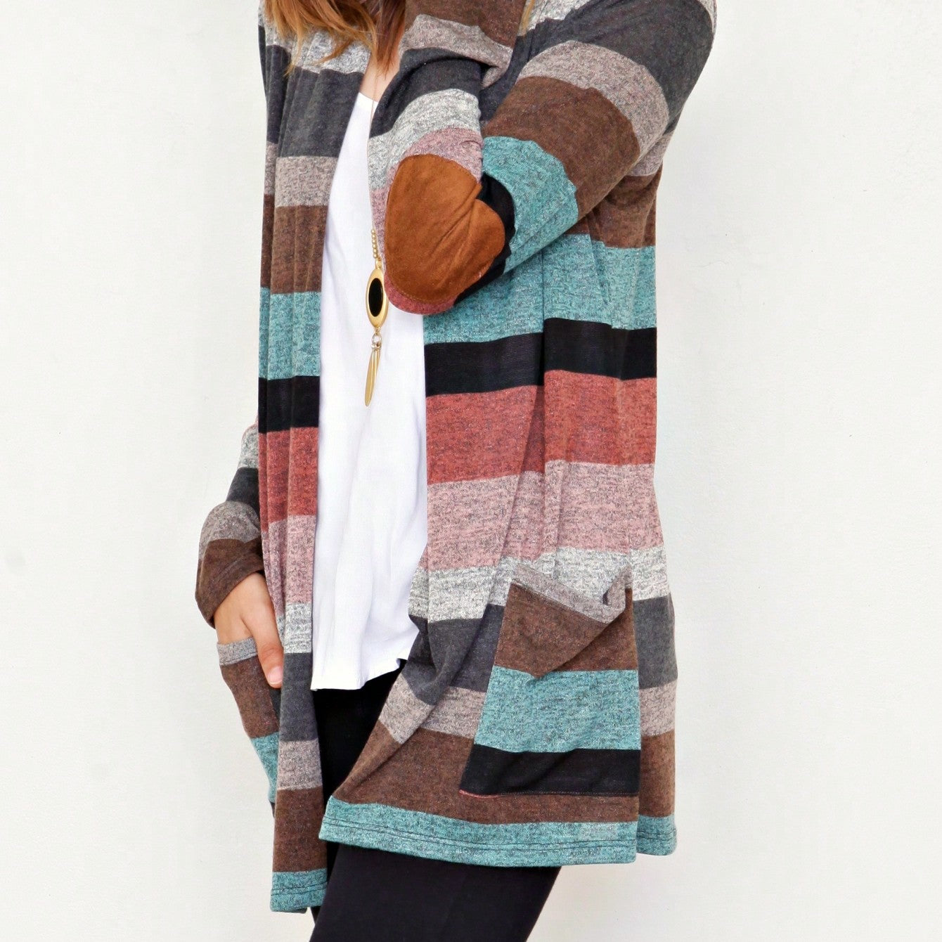 Boho Vintage 90's Plaid Stripe Tie Dye  Elbow Patch 60's Classic Slouch Cardigan With Pocket