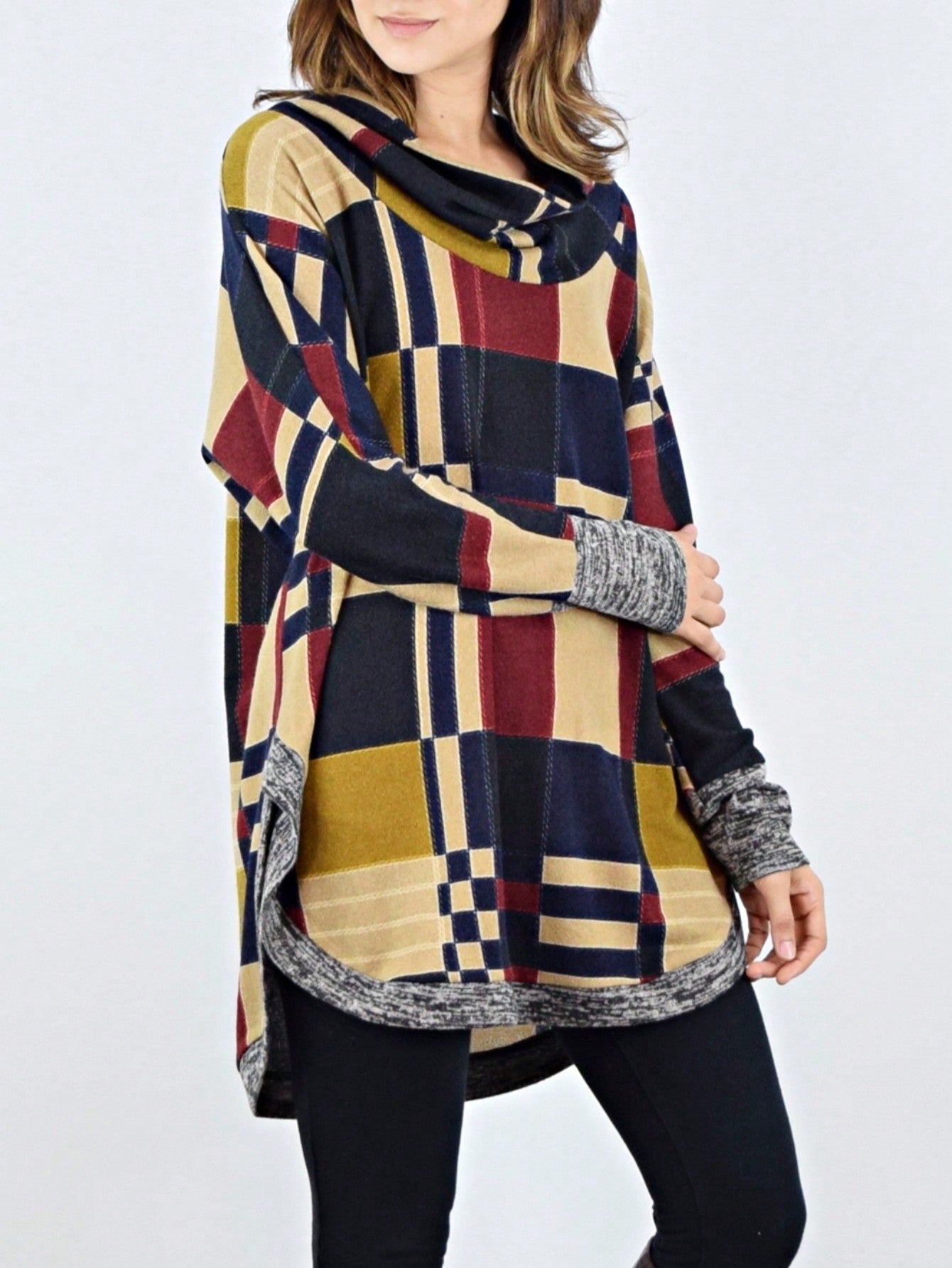 Boho Retro Solid Knit Button Turtle Neck Tulip Slit Tunic Top  Knit Top