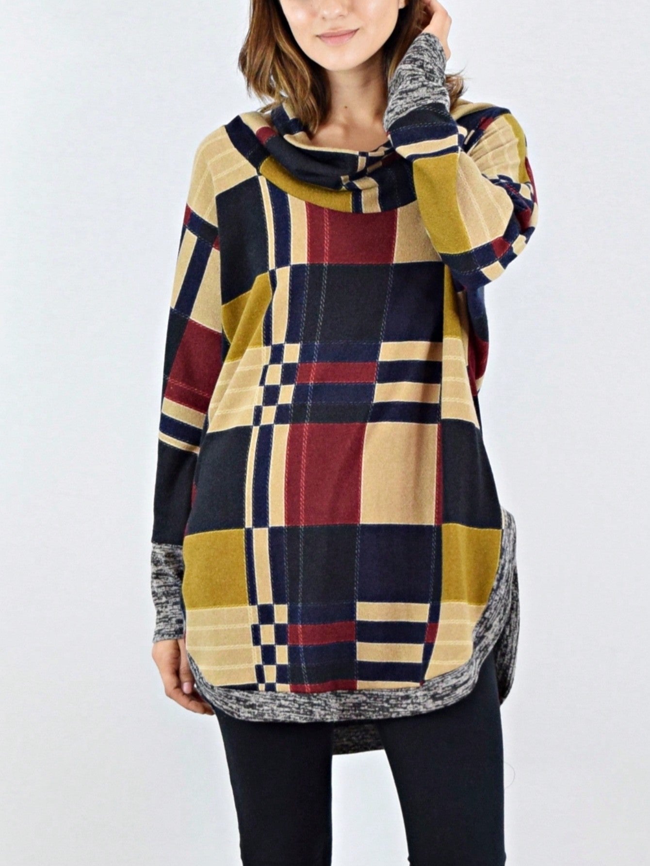 Boho Retro Solid Knit Button Turtle Neck Tulip Slit Tunic Top  Knit Top