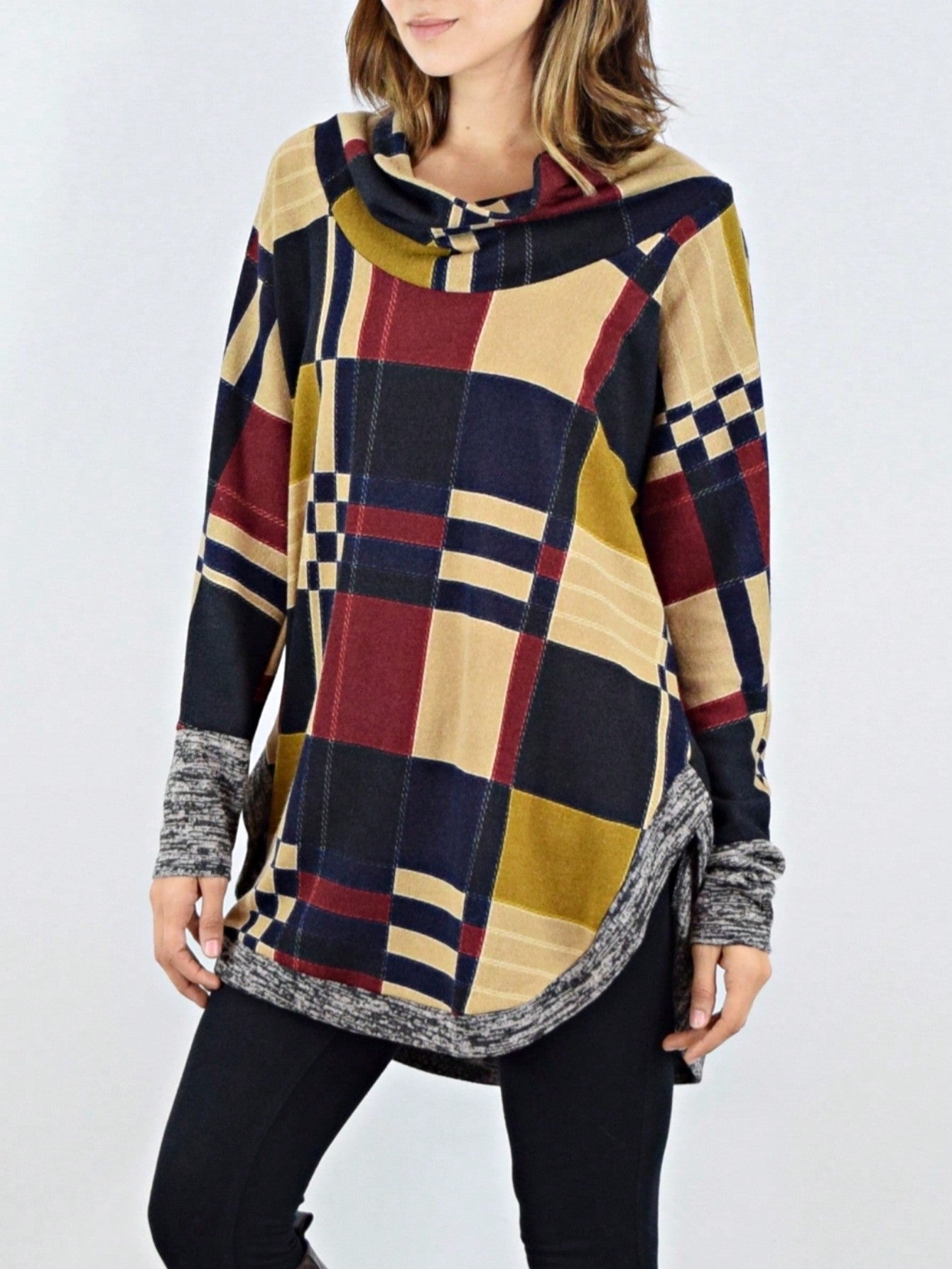 Boho Retro Solid Knit Button Turtle Neck Tulip Slit Tunic Top  Knit Top