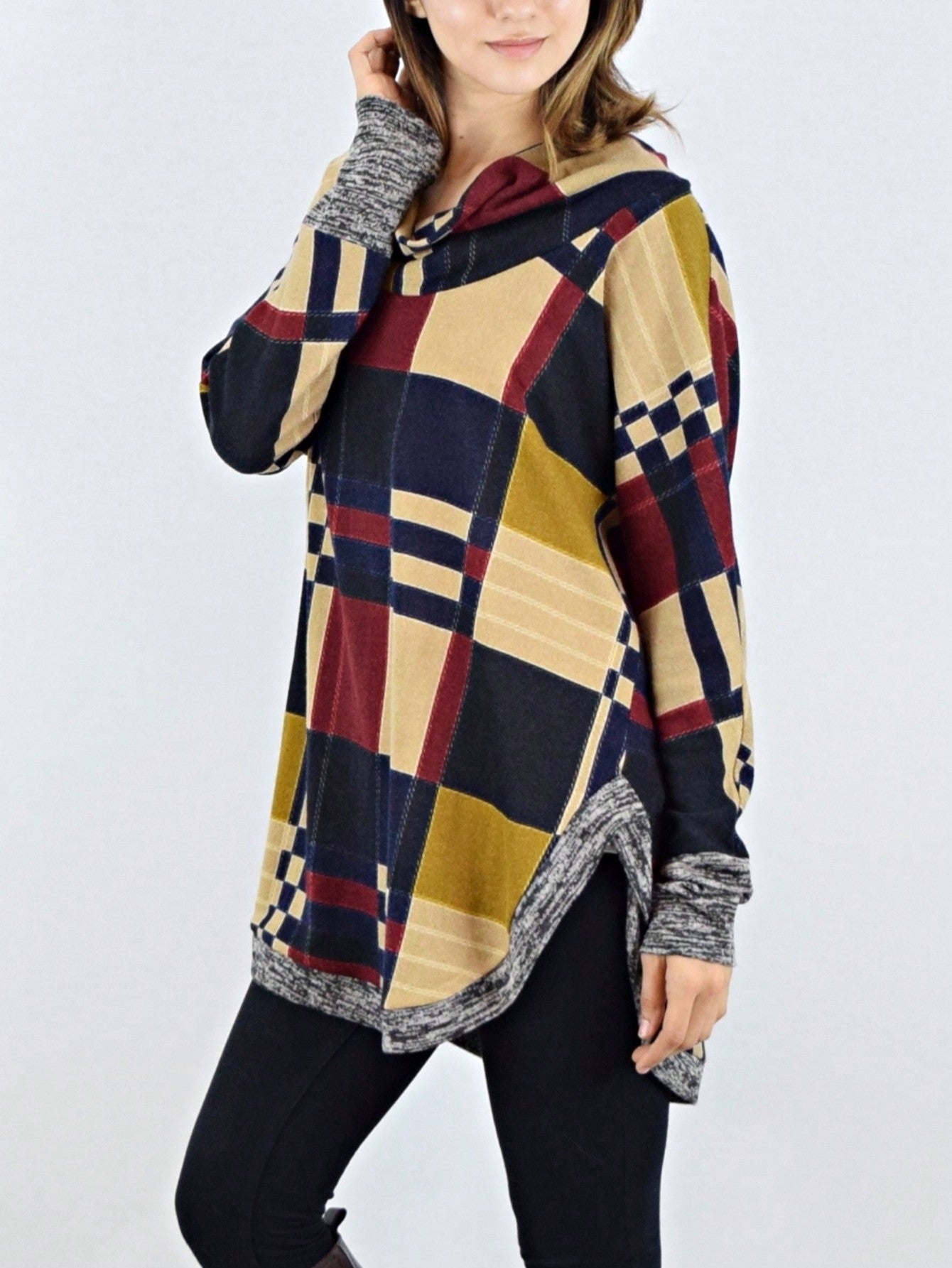 Boho Retro Solid Knit Button Turtle Neck Tulip Slit Tunic Top  Knit Top