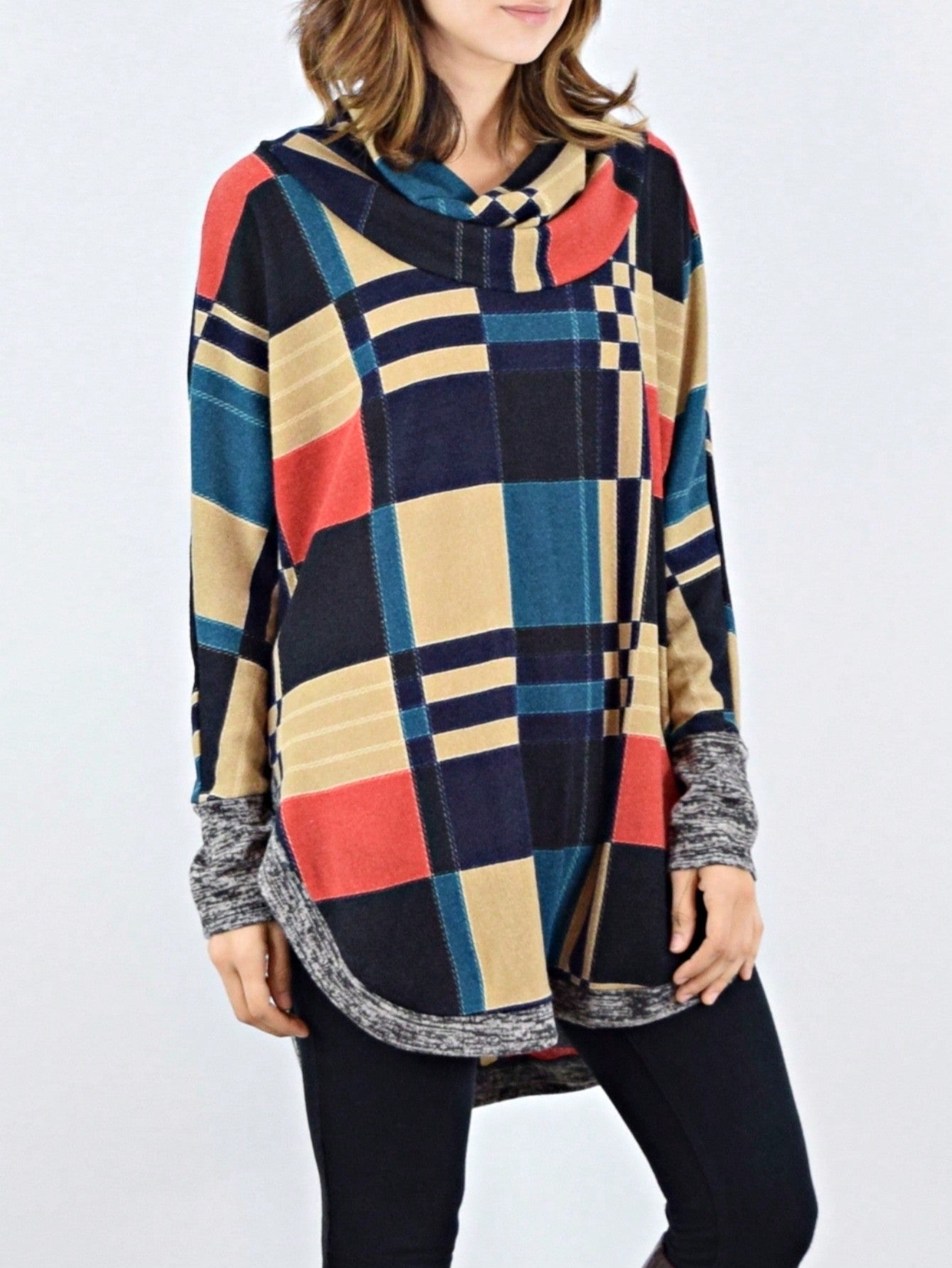 Boho Retro Solid Knit Button Turtle Neck Tulip Slit Tunic Top  Knit Top