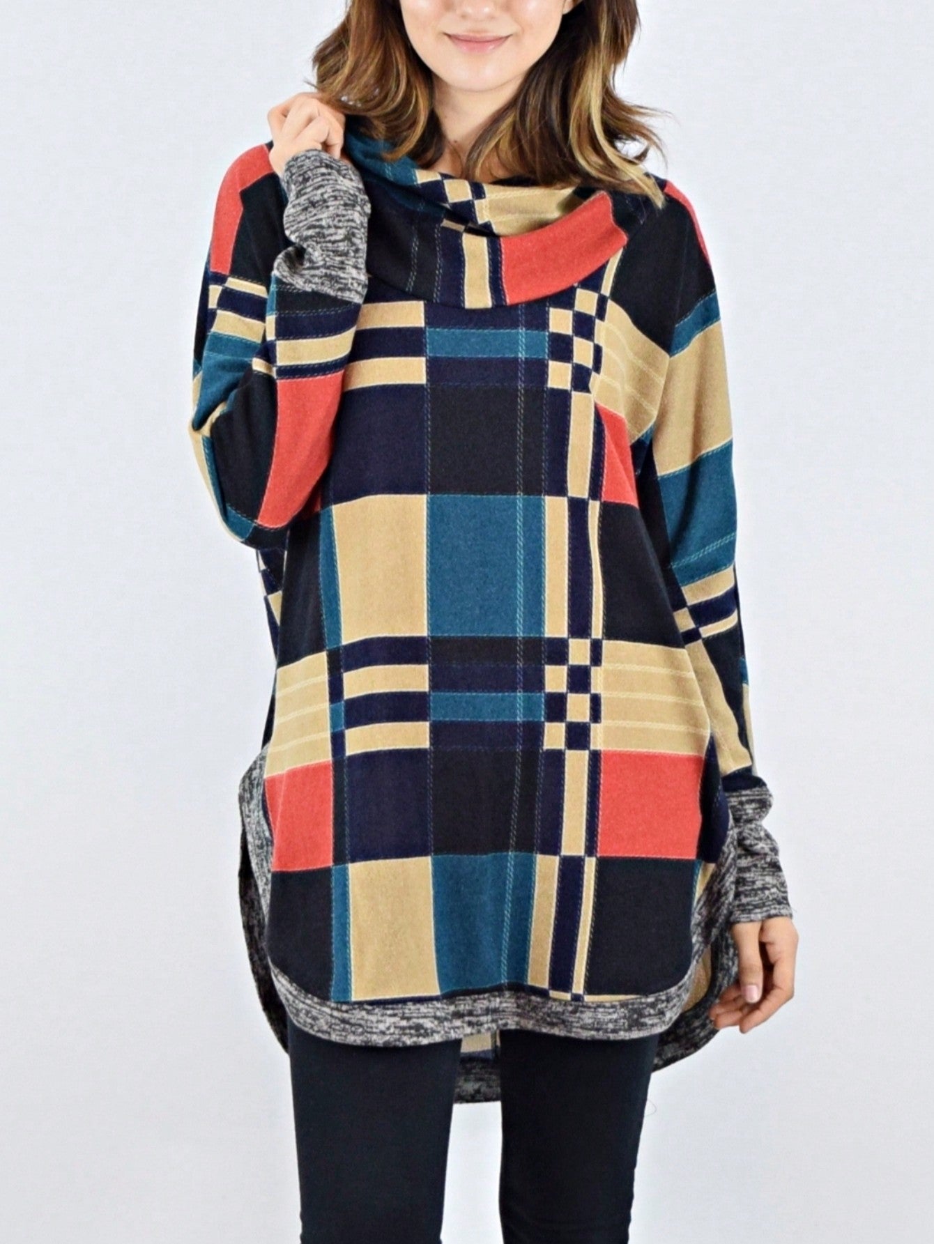 Boho Retro Solid Knit Button Turtle Neck Tulip Slit Tunic Top  Knit Top