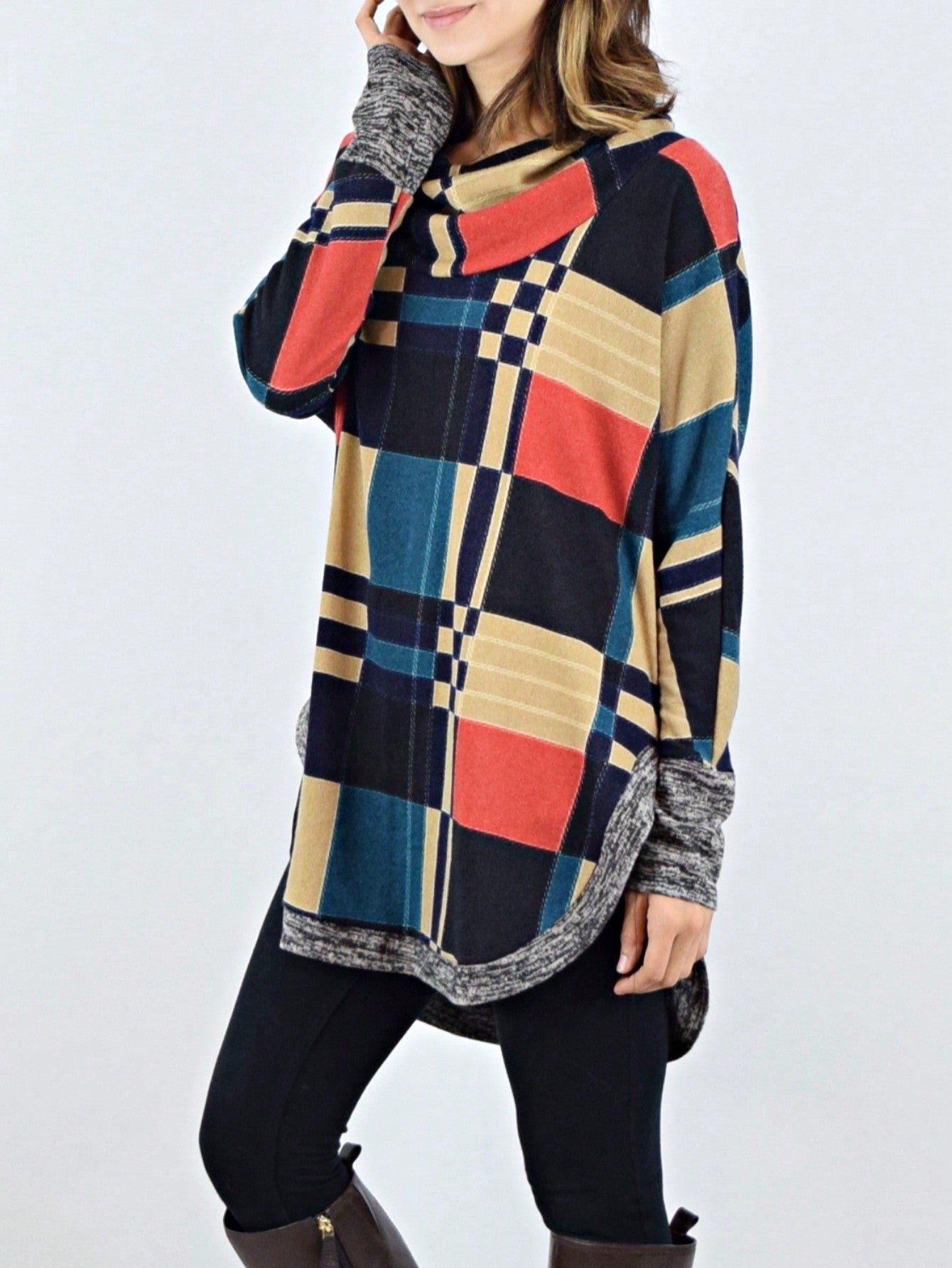 Boho Retro Solid Knit Button Turtle Neck Tulip Slit Tunic Top  Knit Top
