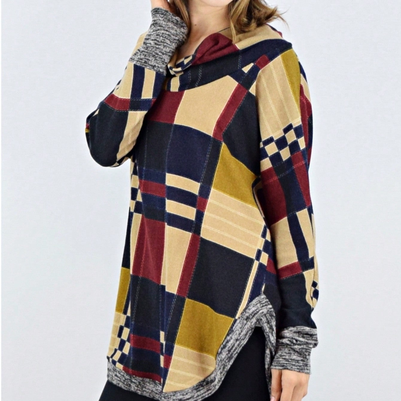 Boho Retro Solid Knit Button Turtle Neck Tulip Slit Tunic Top  Knit Top