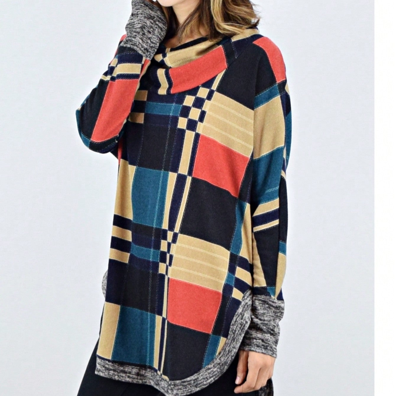 Boho Retro Solid Knit Button Turtle Neck Tulip Slit Tunic Top  Knit Top