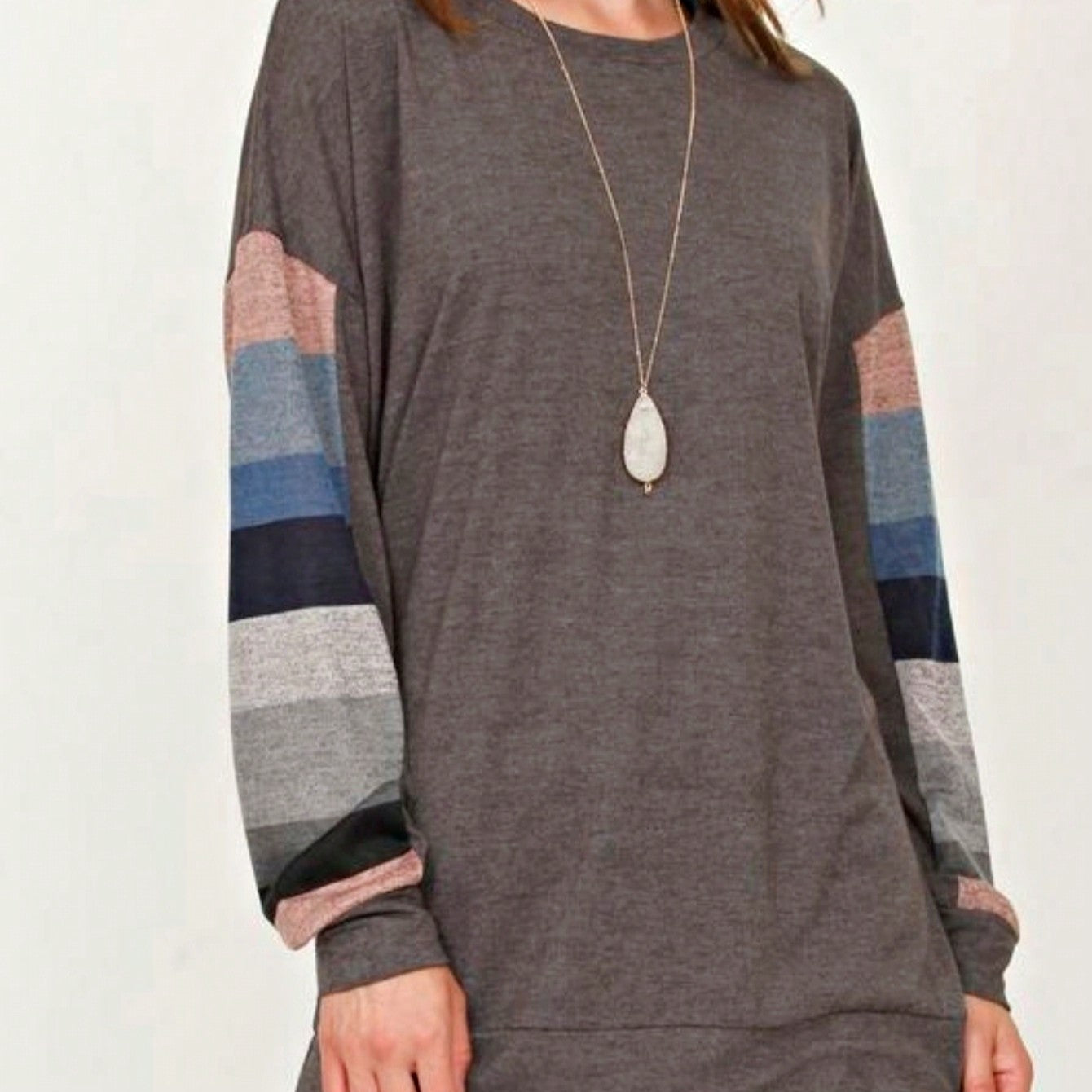 Boho Retro 90's Vintage V Stitch  Stripe Knit Contrast Binding Brushed Soft Stripe Raglan Sleeve Tunic Top Pullover