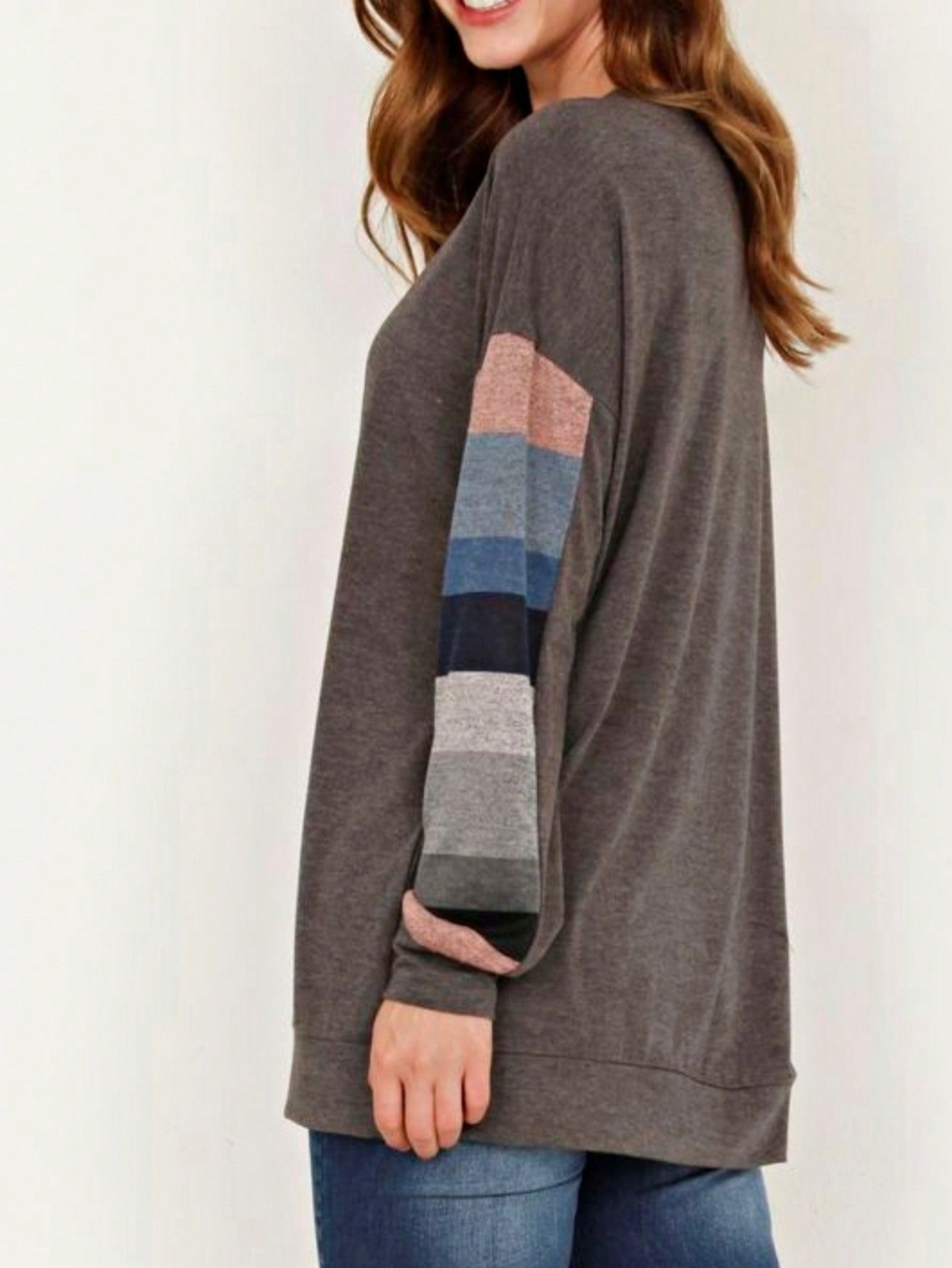 Boho Retro 90's Vintage V Stitch  Stripe Knit Contrast Binding Brushed Soft Stripe Raglan Sleeve Tunic Top Pullover