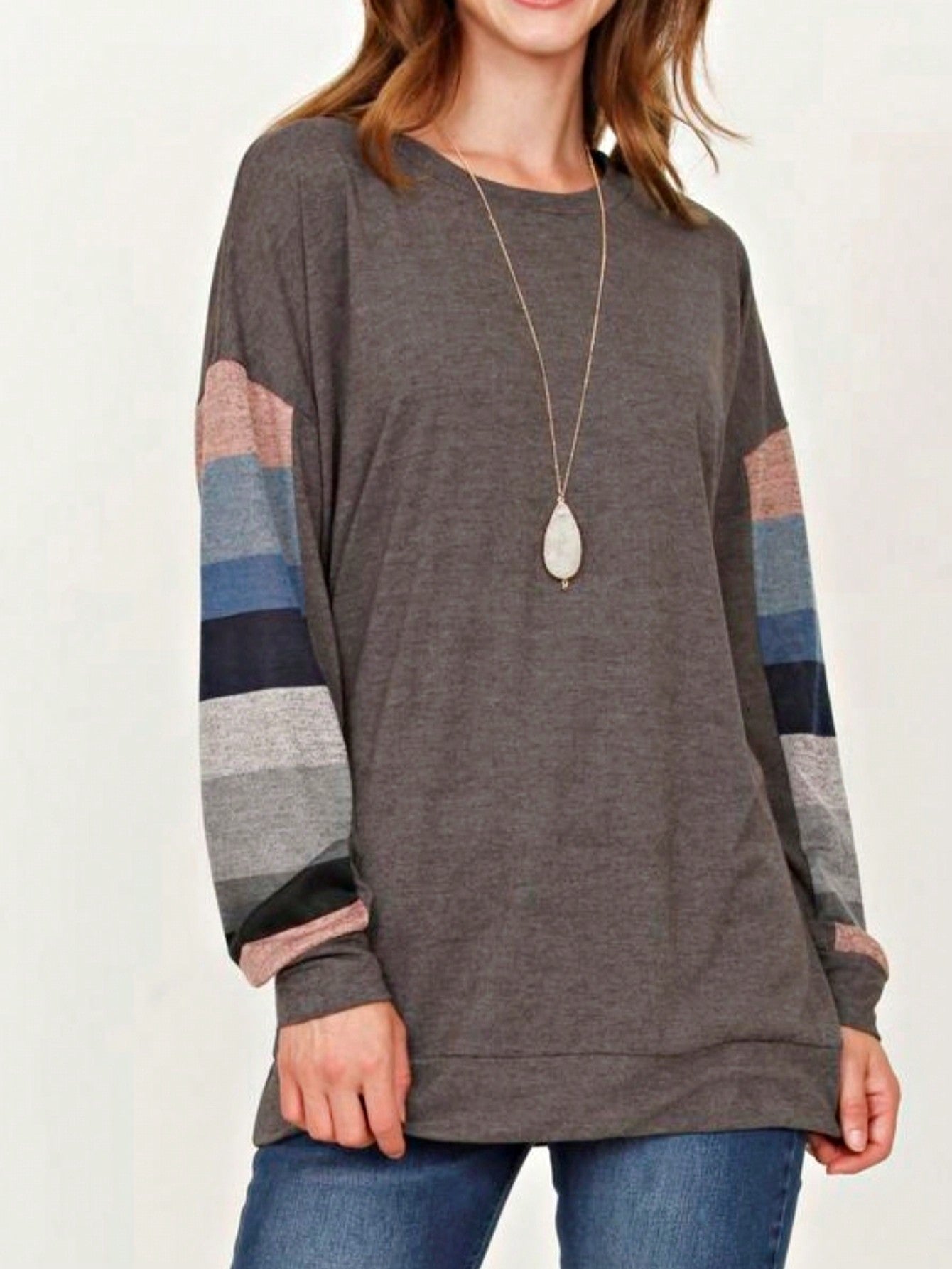 Boho Retro 90's Vintage V Stitch  Stripe Knit Contrast Binding Brushed Soft Stripe Raglan Sleeve Tunic Top Pullover