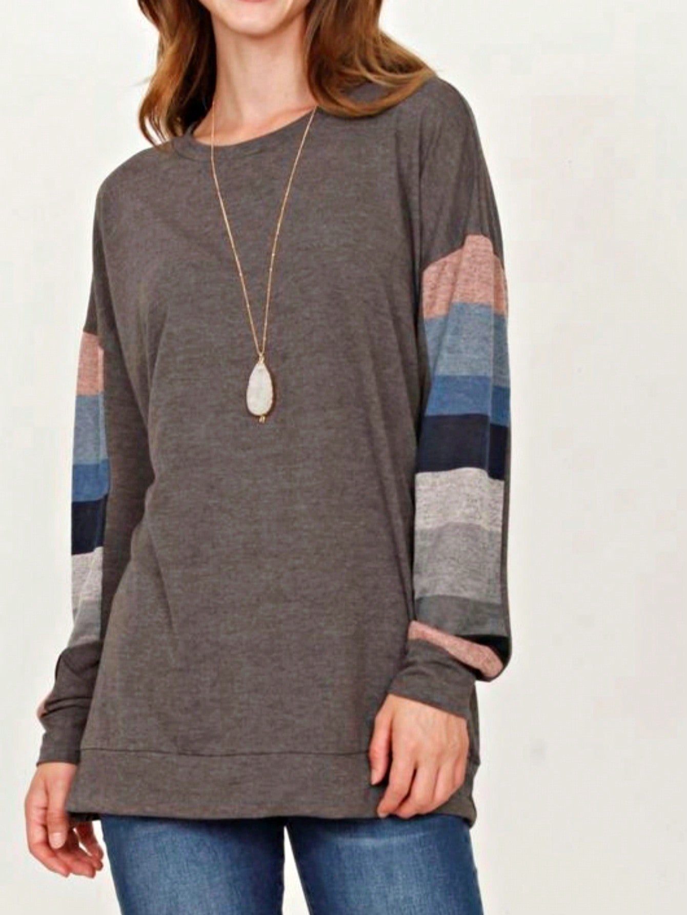 Boho Retro 90's Vintage V Stitch  Stripe Knit Contrast Binding Brushed Soft Stripe Raglan Sleeve Tunic Top Pullover