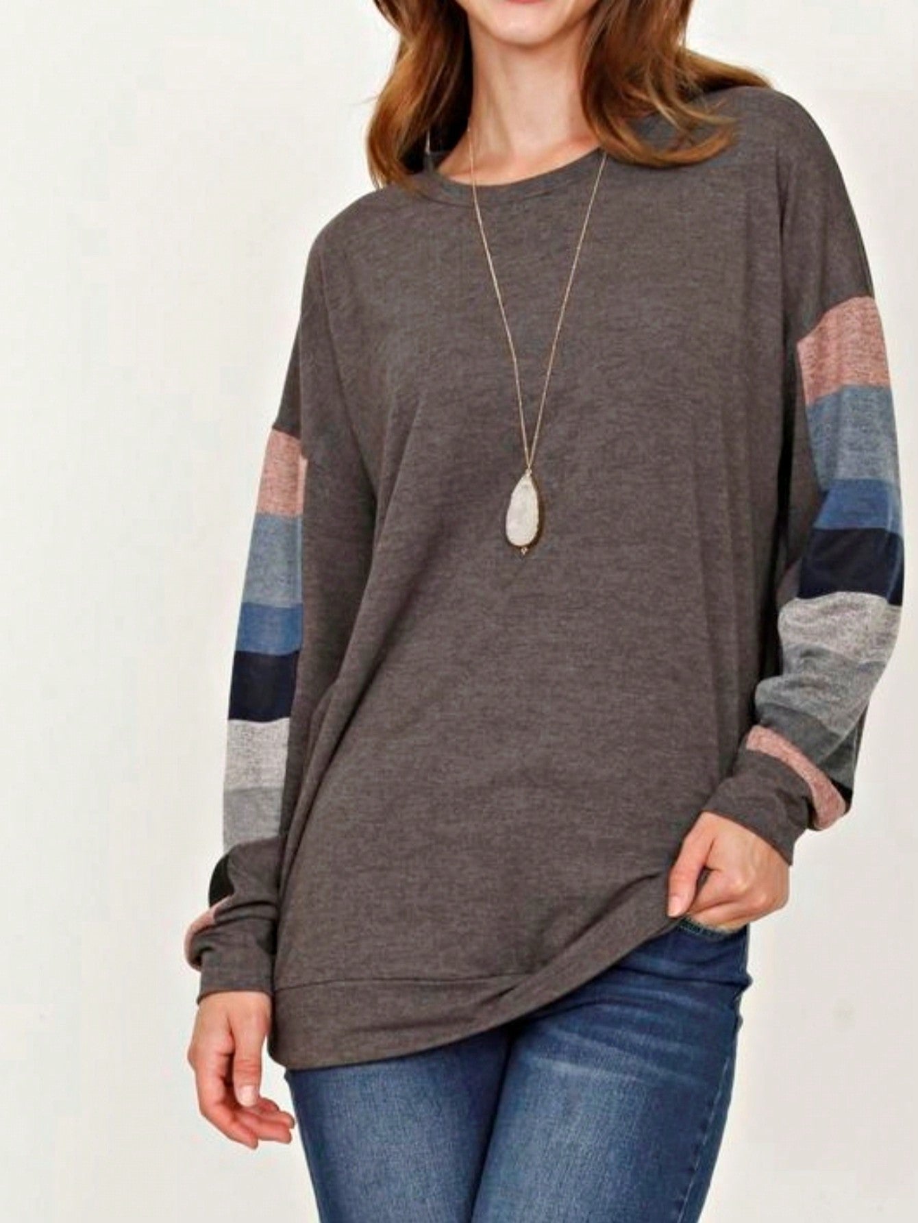 Boho Retro 90's Vintage V Stitch  Stripe Knit Contrast Binding Brushed Soft Stripe Raglan Sleeve Tunic Top Pullover