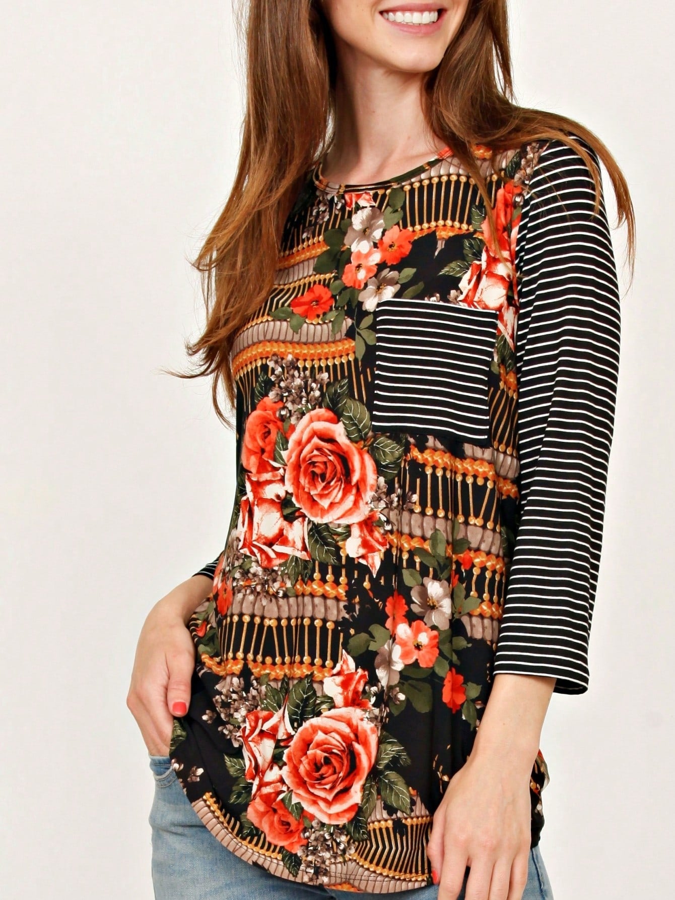 Boho Retro 90's Vintage  Preppy V Stitch  Stripe Knit Contrast Binding Brushed Soft Stripe Raglan Sleeve Tunic Top Pullover