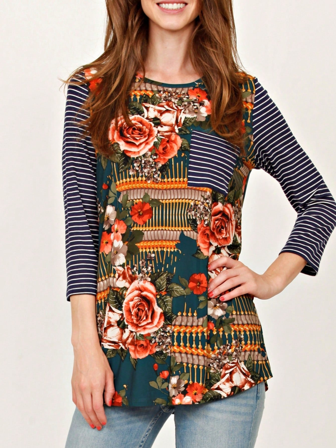 Boho Retro 90's Vintage  Preppy V Stitch  Stripe Knit Contrast Binding Brushed Soft Stripe Raglan Sleeve Tunic Top Pullover