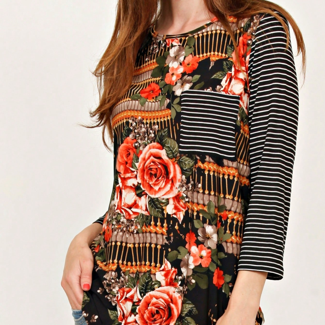 Boho Retro 90's Vintage  Preppy V Stitch  Stripe Knit Contrast Binding Brushed Soft Stripe Raglan Sleeve Tunic Top Pullover