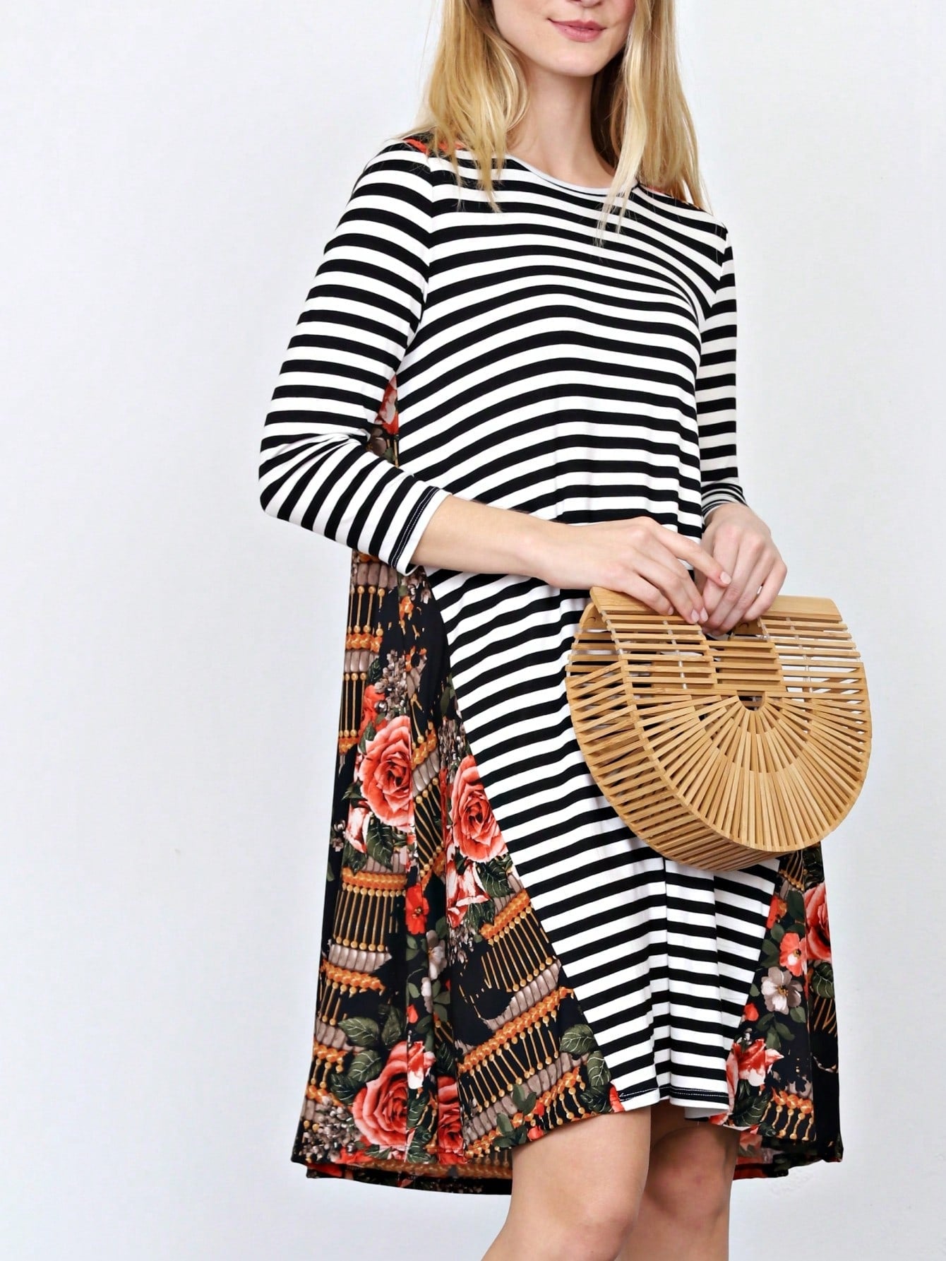 Boho Retro Gingham Rayon Summer Cool Soft Half Sleeve Ruffle Bell Stripe Midi Dress