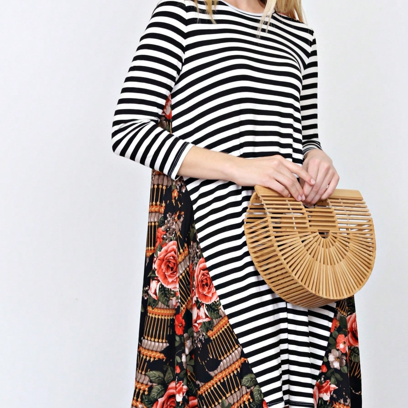 Boho Retro Gingham Rayon Summer Cool Soft Half Sleeve Ruffle Bell Stripe Midi Dress
