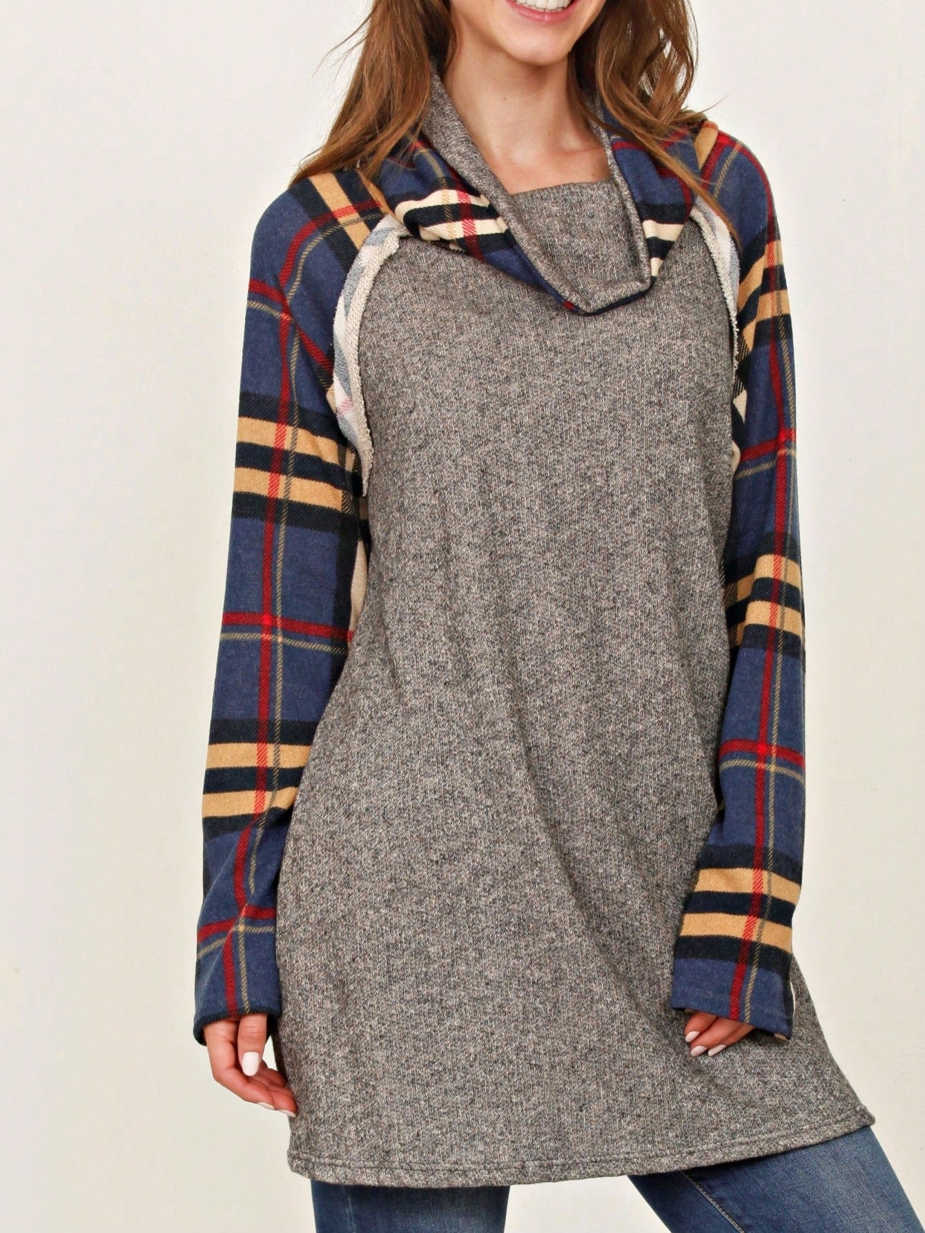 Boho Retro Solid Knit Button Turtle Neck Tulip Slit Tunic Top  Knit Top