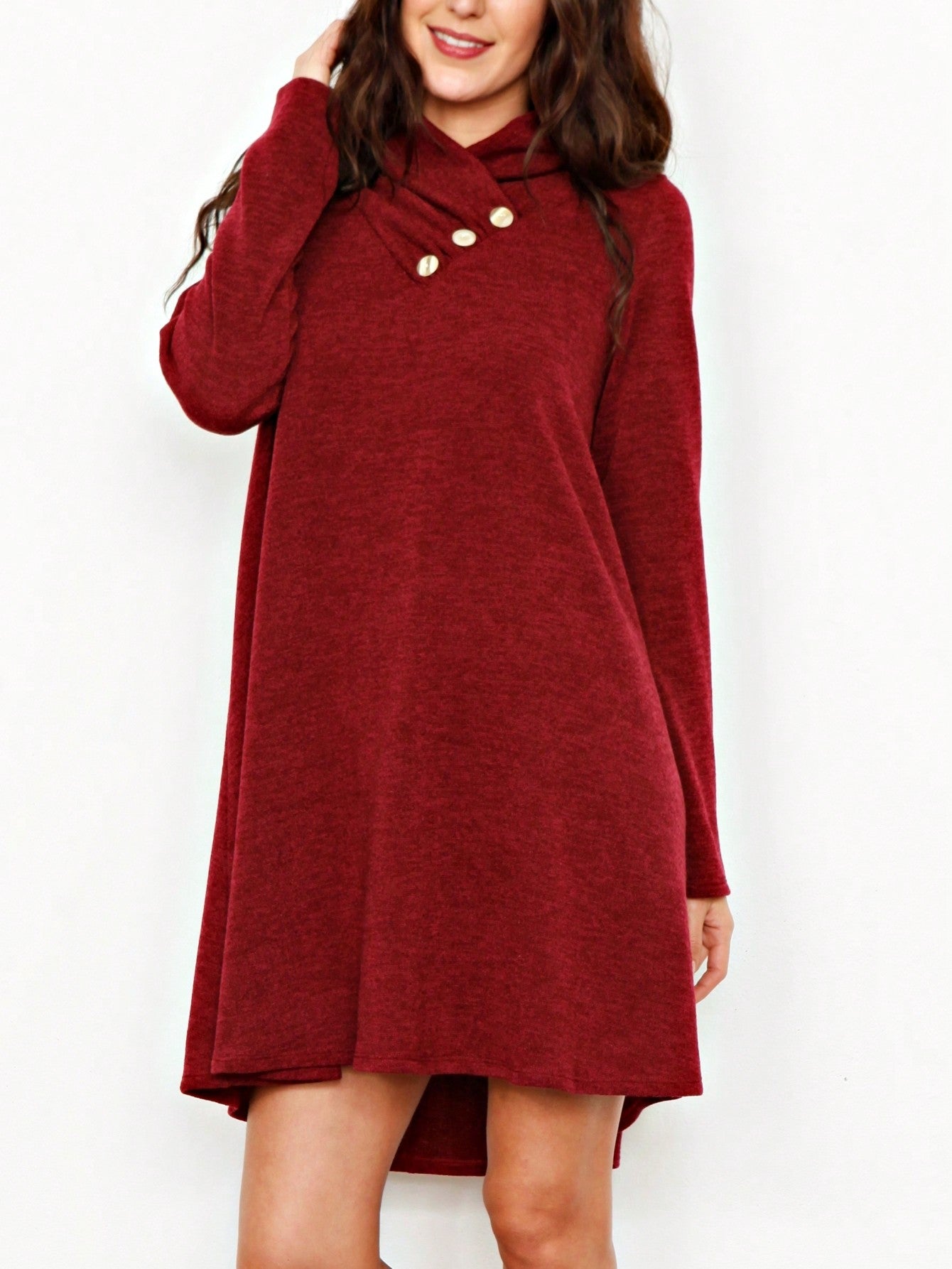 Boho Retro Solid Knit Button Turtle Neck Tulip Slit Tunic Top  Knit Top