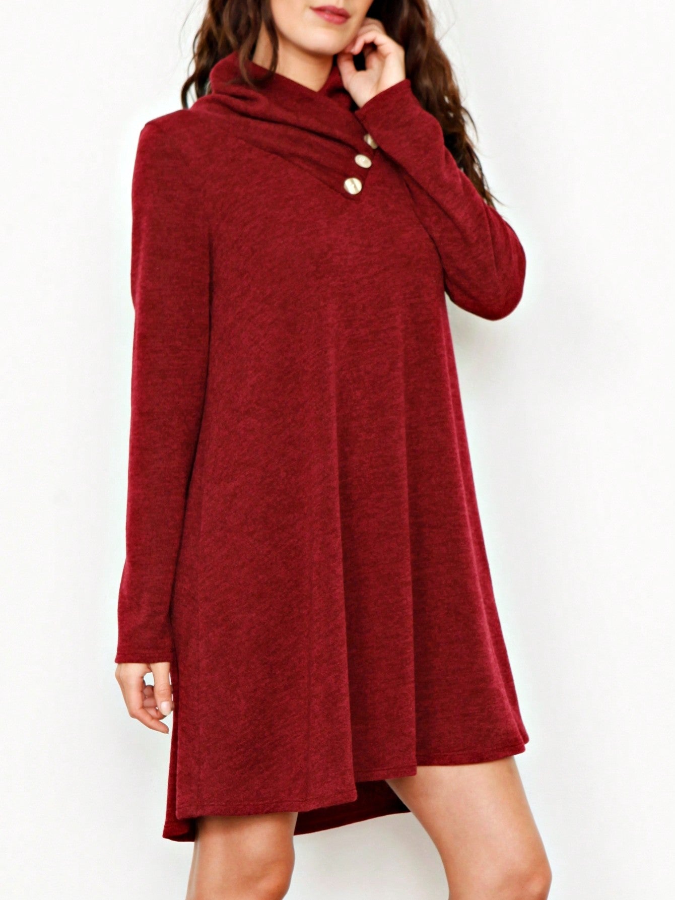 Boho Retro Solid Knit Button Turtle Neck Tulip Slit Tunic Top  Knit Top