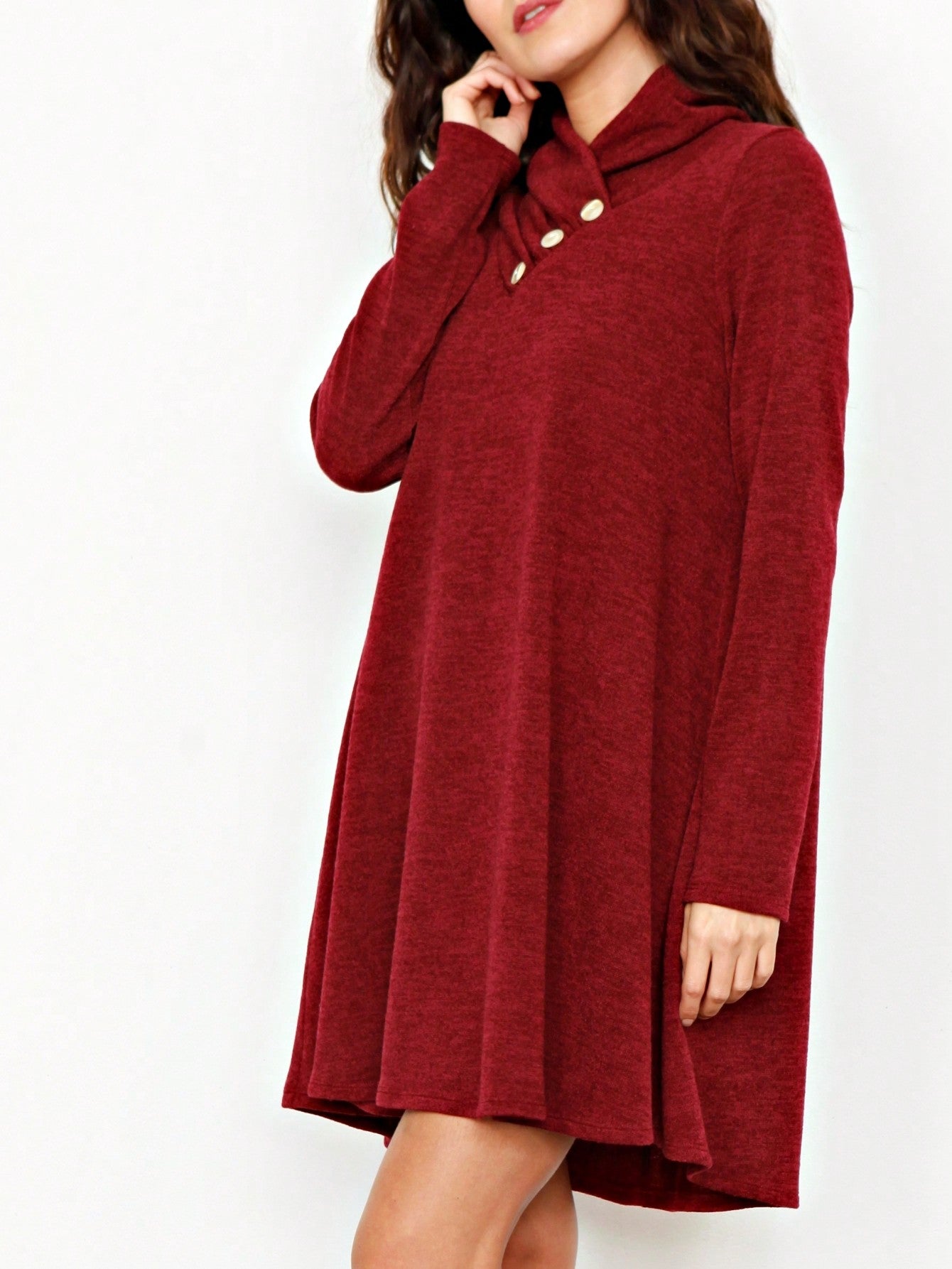 Boho Retro Solid Knit Button Turtle Neck Tulip Slit Tunic Top  Knit Top