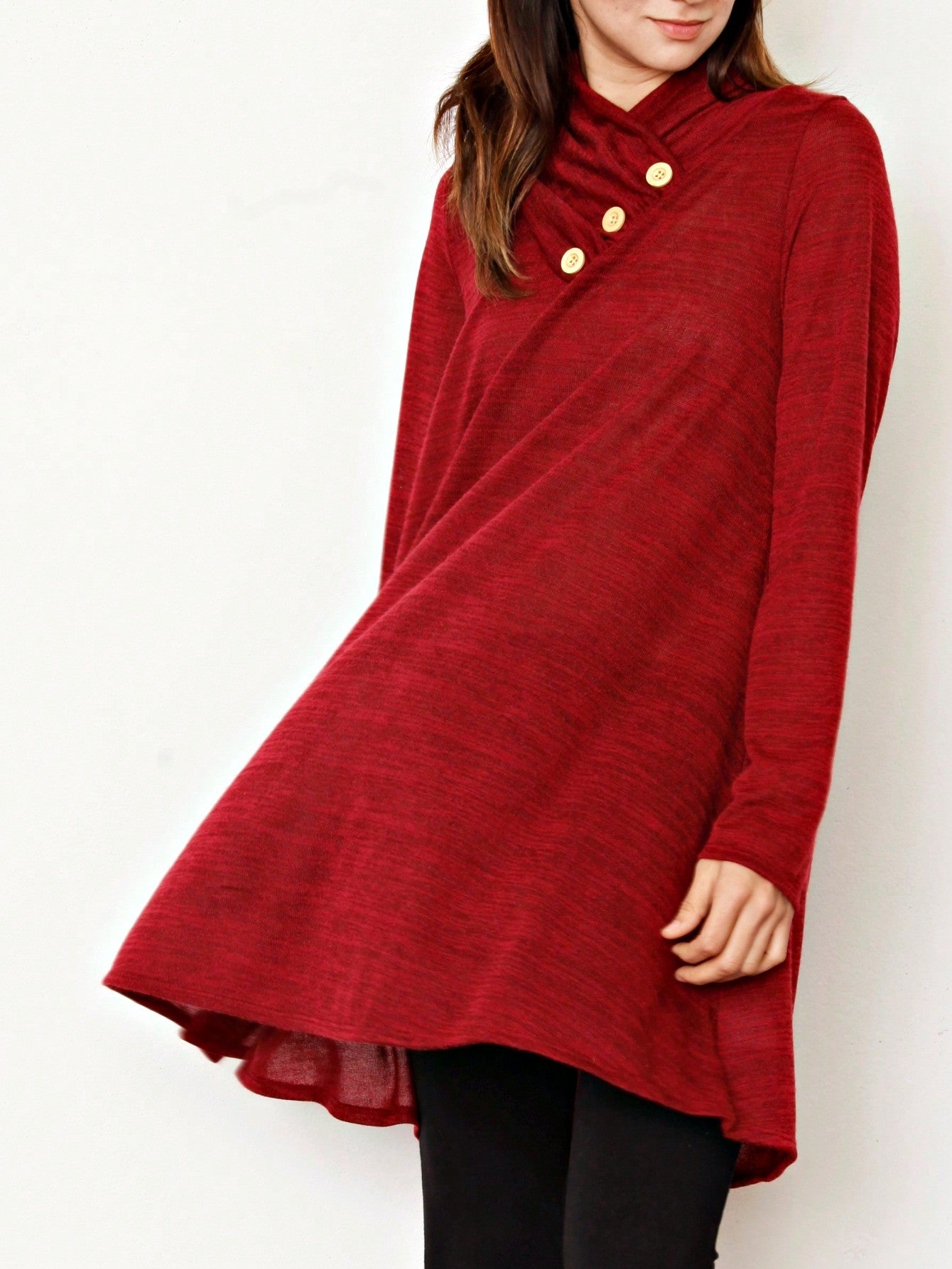 Boho Retro Solid Knit Button Turtle Neck Tulip Slit Tunic Top  Knit Top
