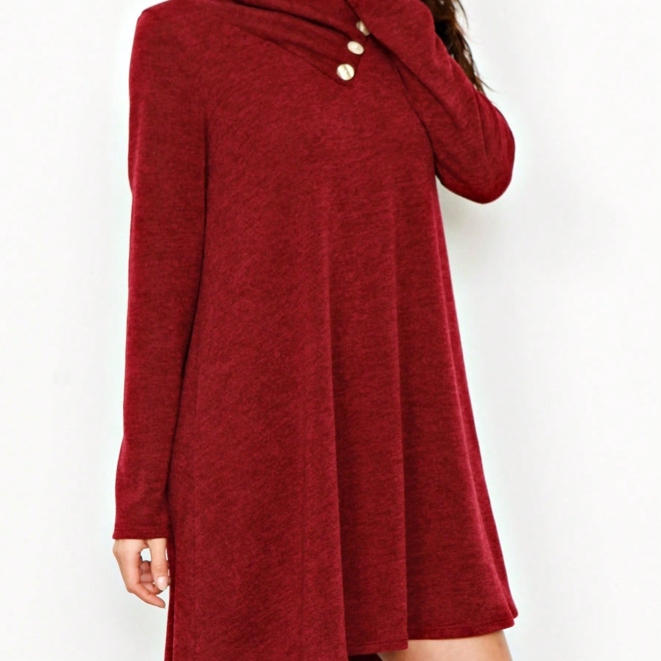 Boho Retro Solid Knit Button Turtle Neck Tulip Slit Tunic Top  Knit Top